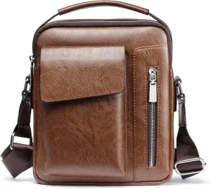 Small Leather Crossbody Bag, Mens Shoulder Bag, Office Business Magnetic Buckle Adjustable Strap
