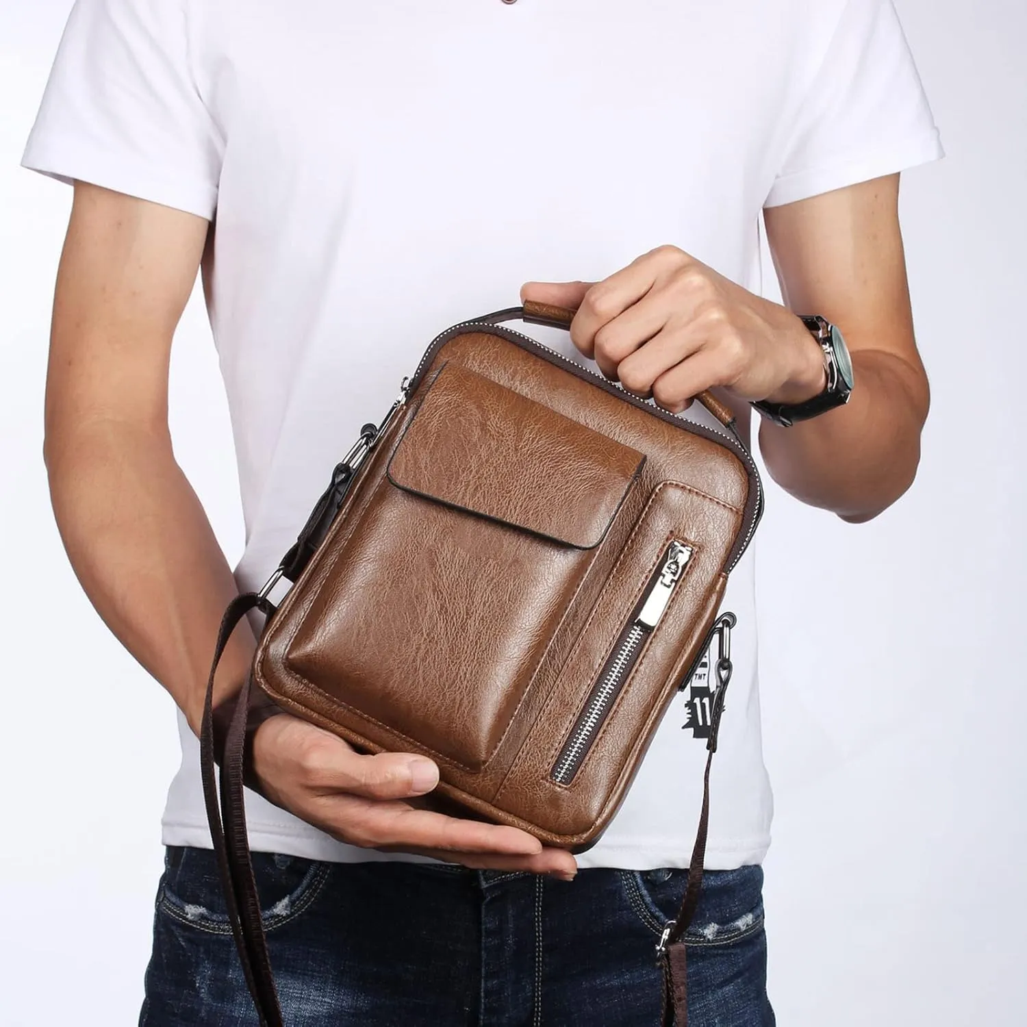 Small Leather Crossbody Bag, Mens Shoulder Bag, Office Business Magnetic Buckle Adjustable Strap