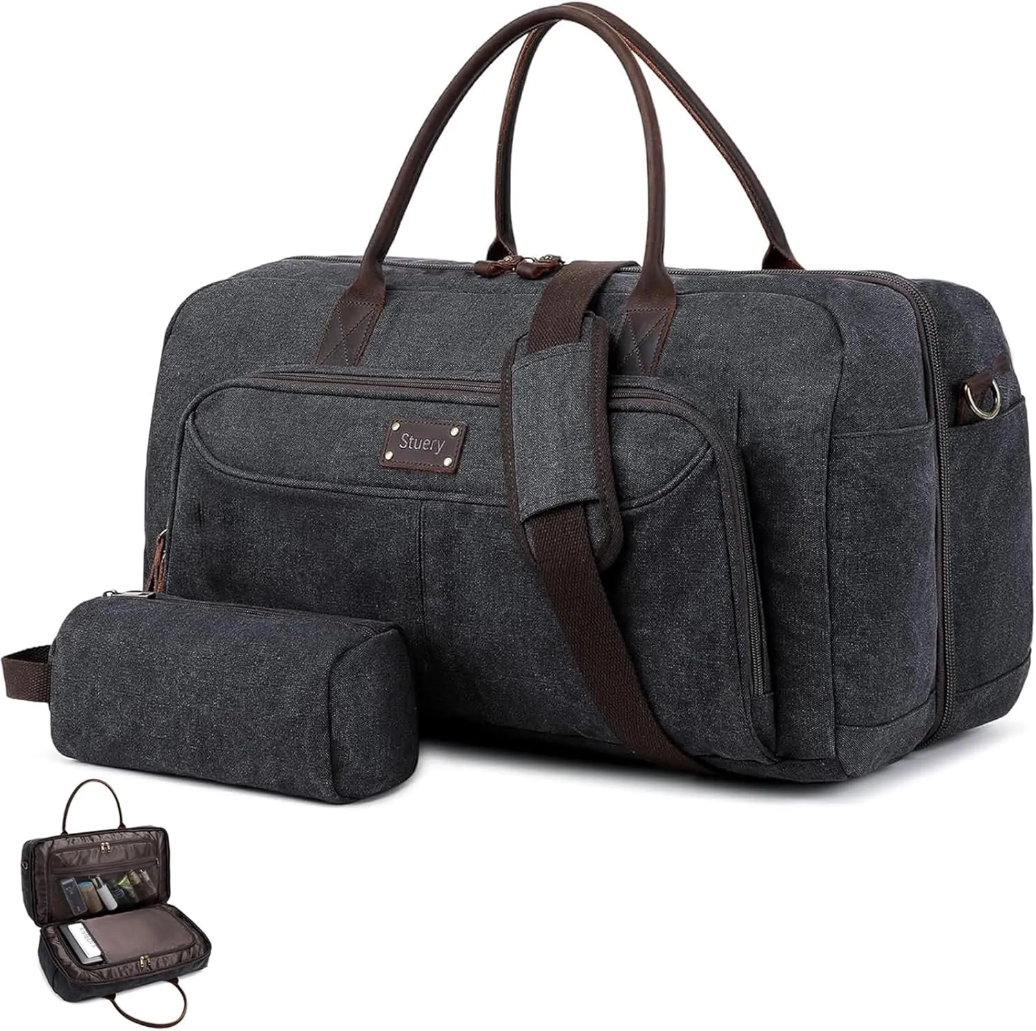 Small Luggage Bag, Travel Bag for Men, 53L Foldie Canvas Duffel Bag Carry on Bags for Airplanes with Toiletry Bag Weekender Garment bag Suitcase | Black