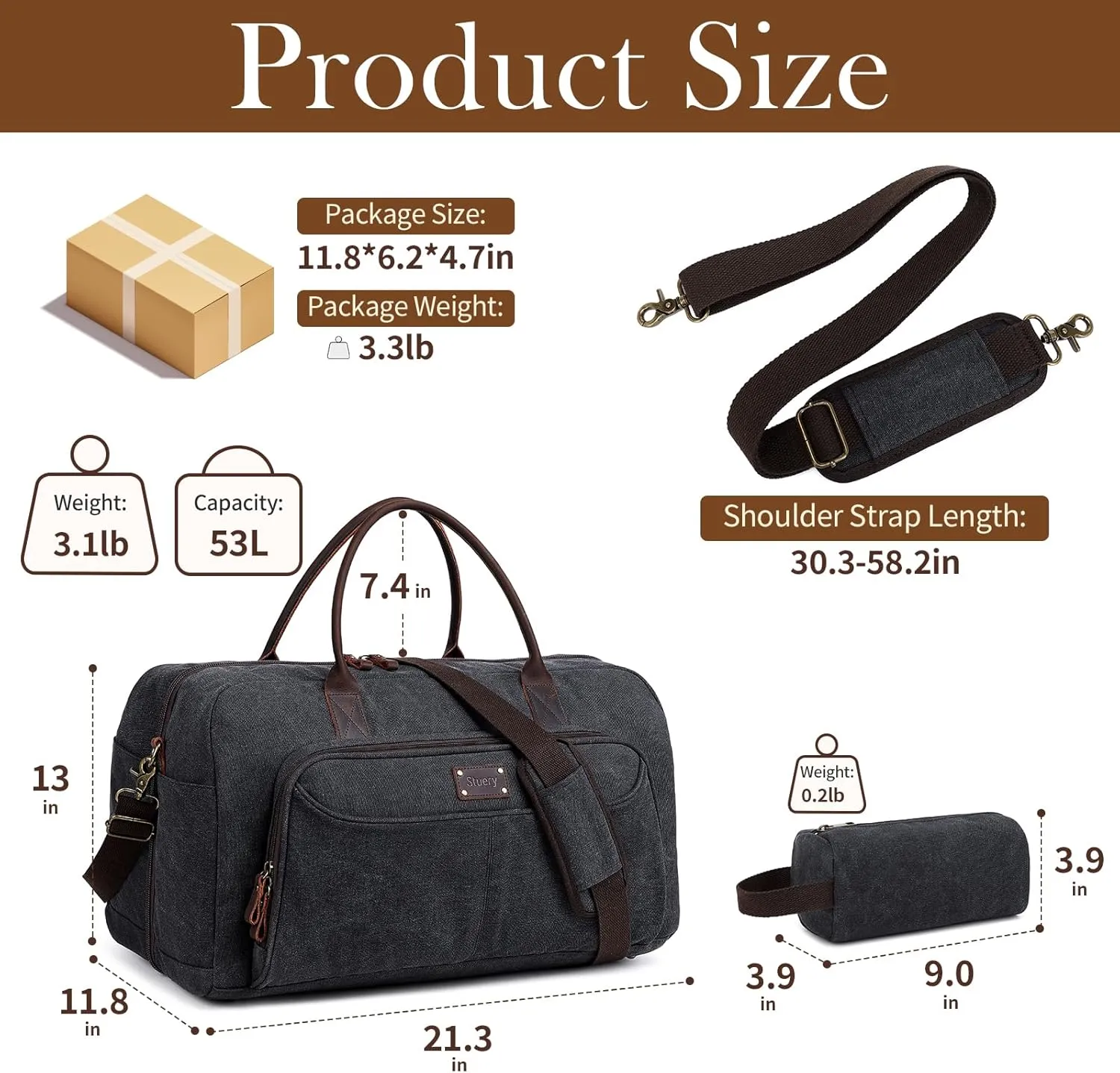 Small Luggage Bag, Travel Bag for Men, 53L Foldie Canvas Duffel Bag Carry on Bags for Airplanes with Toiletry Bag Weekender Garment bag Suitcase | Black