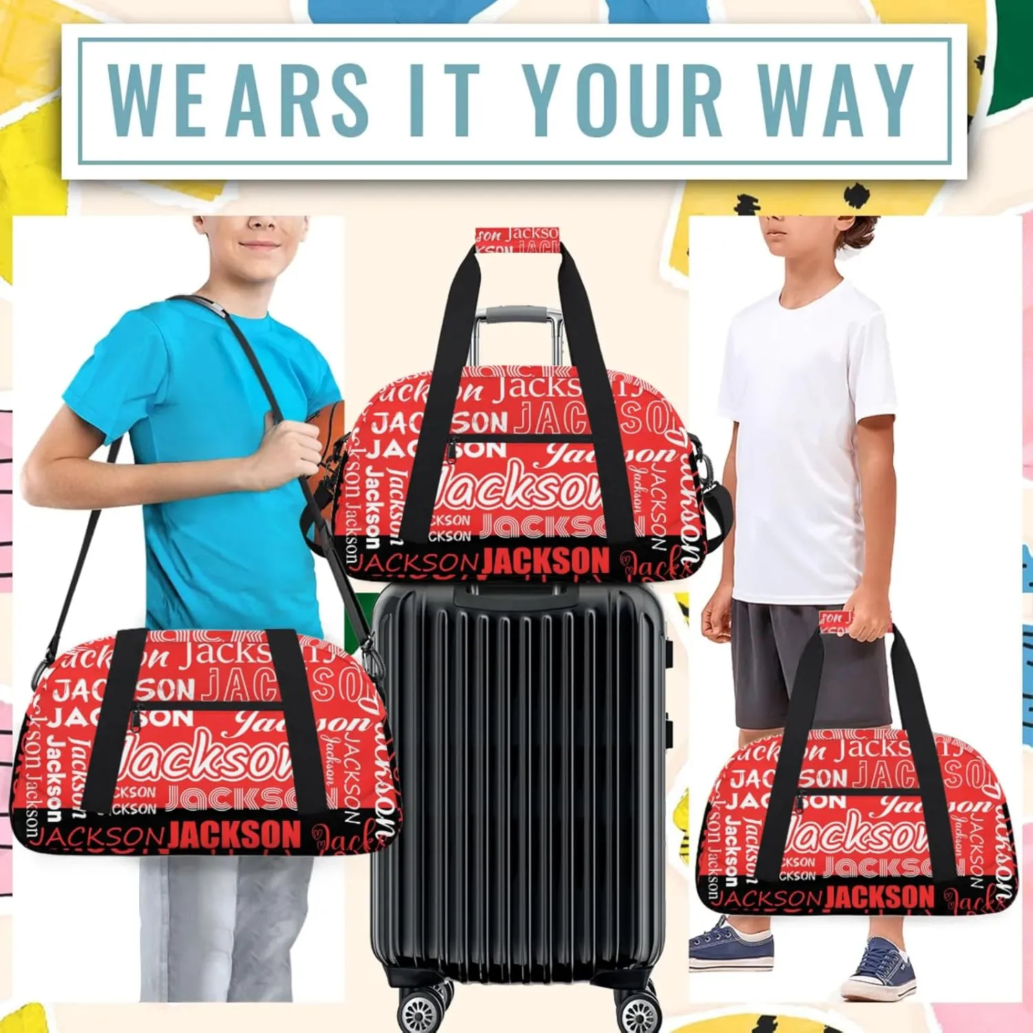 Small Sports Duffle Bag for Women Men Lightweight Custom Luggage Overnight Bag for Travel Fitness Workout Black Red