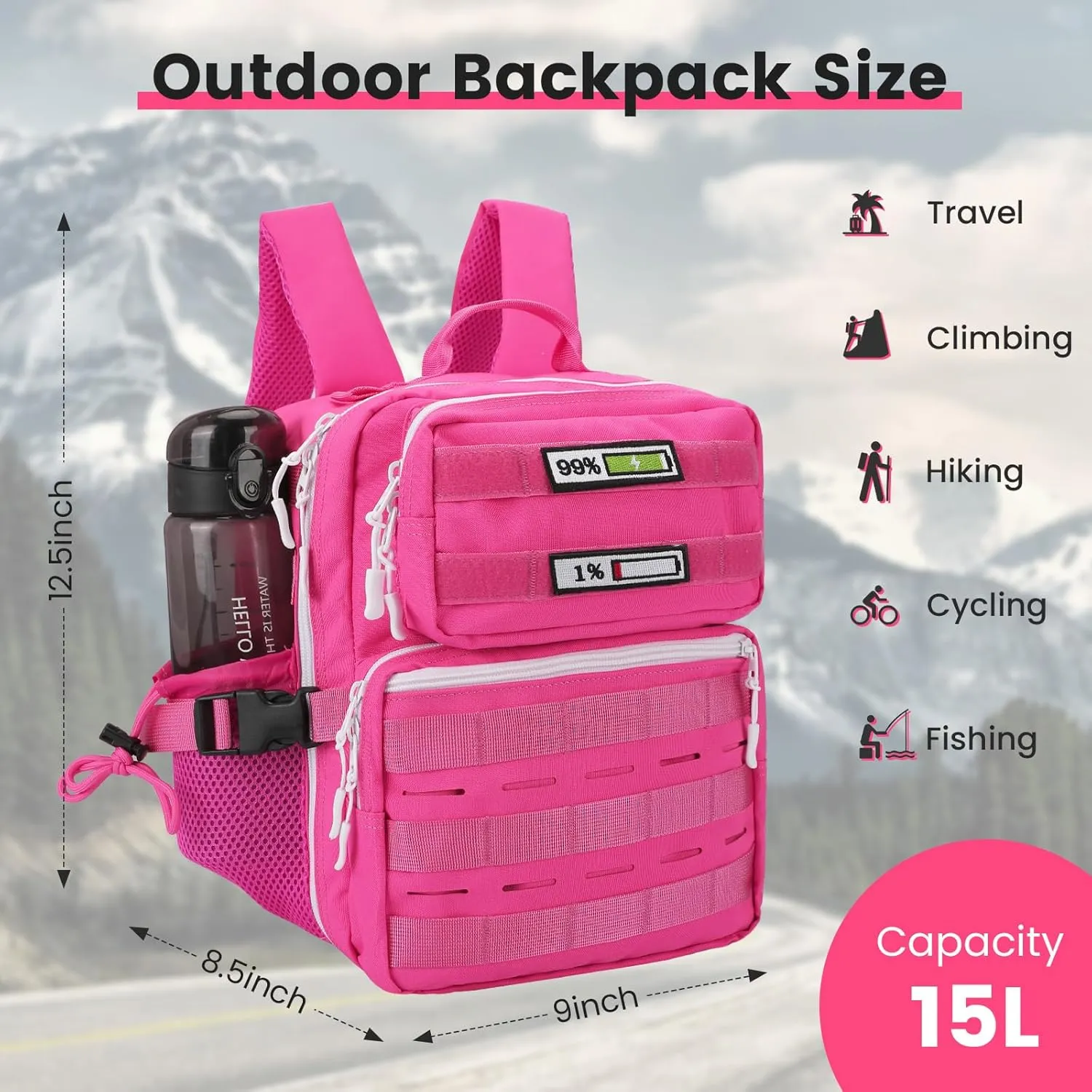 Small Tactical Backpack for Men Women,15L Mini MOLLE Tactical Daypack Rucksack with Patches for Gym Hiking Camping Travel Sport(Pink)