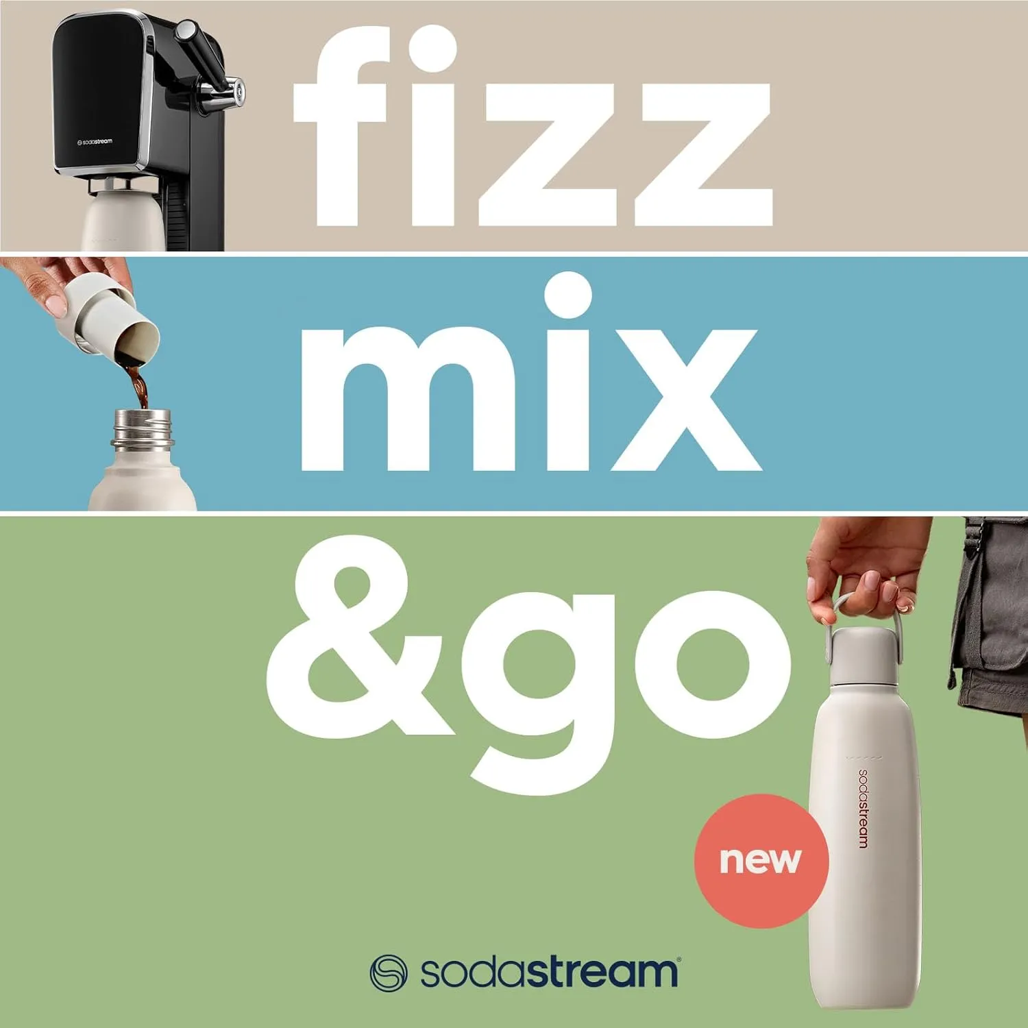 sodastream - Fizz & Go Cool Bottle | Stainless Steel Carbonating Water Bottle | Keeps Drinks Cold 12 Hrs | Cupholder Friendly | Compatible with Pink CO2 cylinder machines | Storm color | 30.4 oz