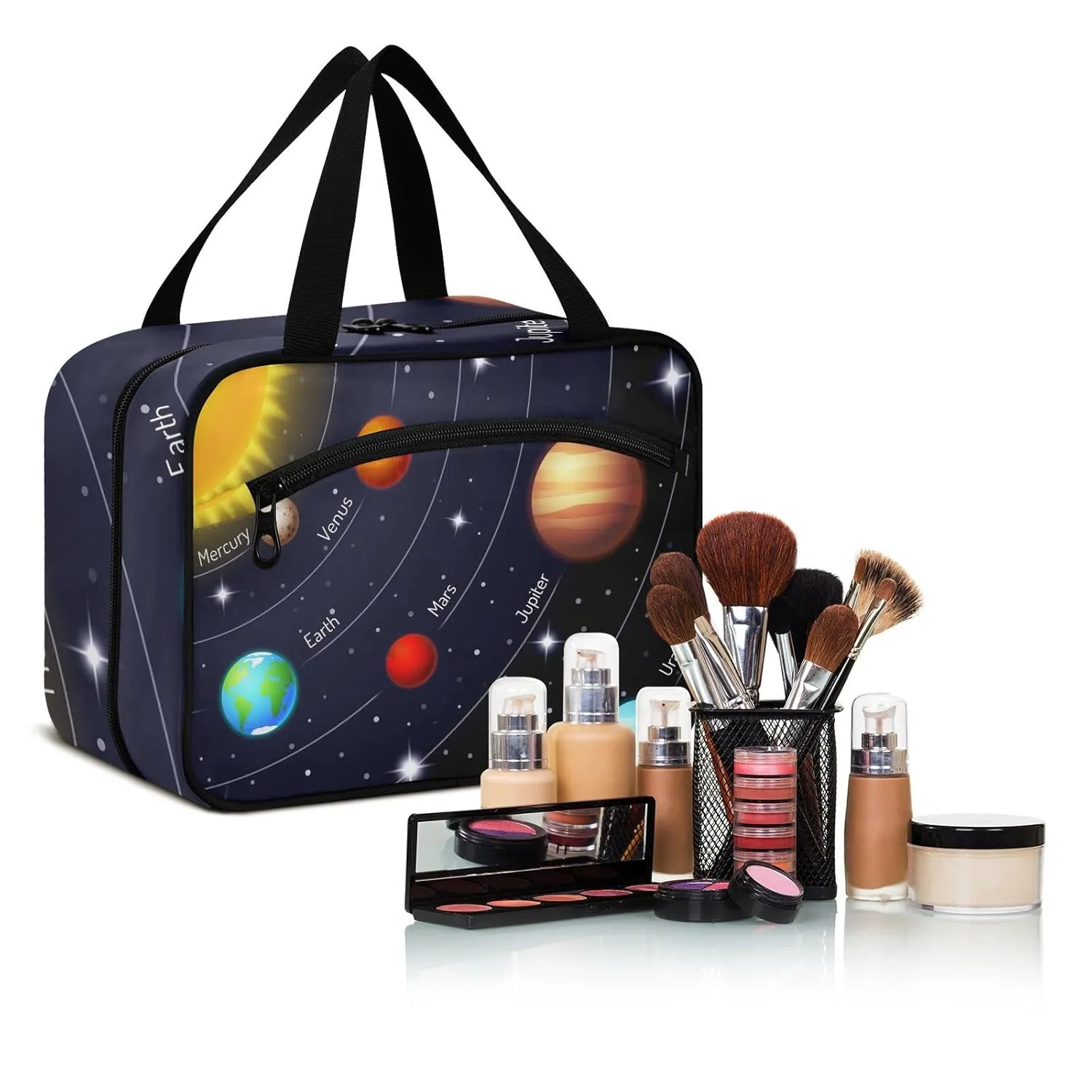 Solar System with the Sun Earth Mars Mercury Jupiter Saturn Uranus 1 PC Hanging Travel Wash bag with Handles, Portable Makeup Organizer Brush Storage Case Portable Travel Cosmetic with Hook M