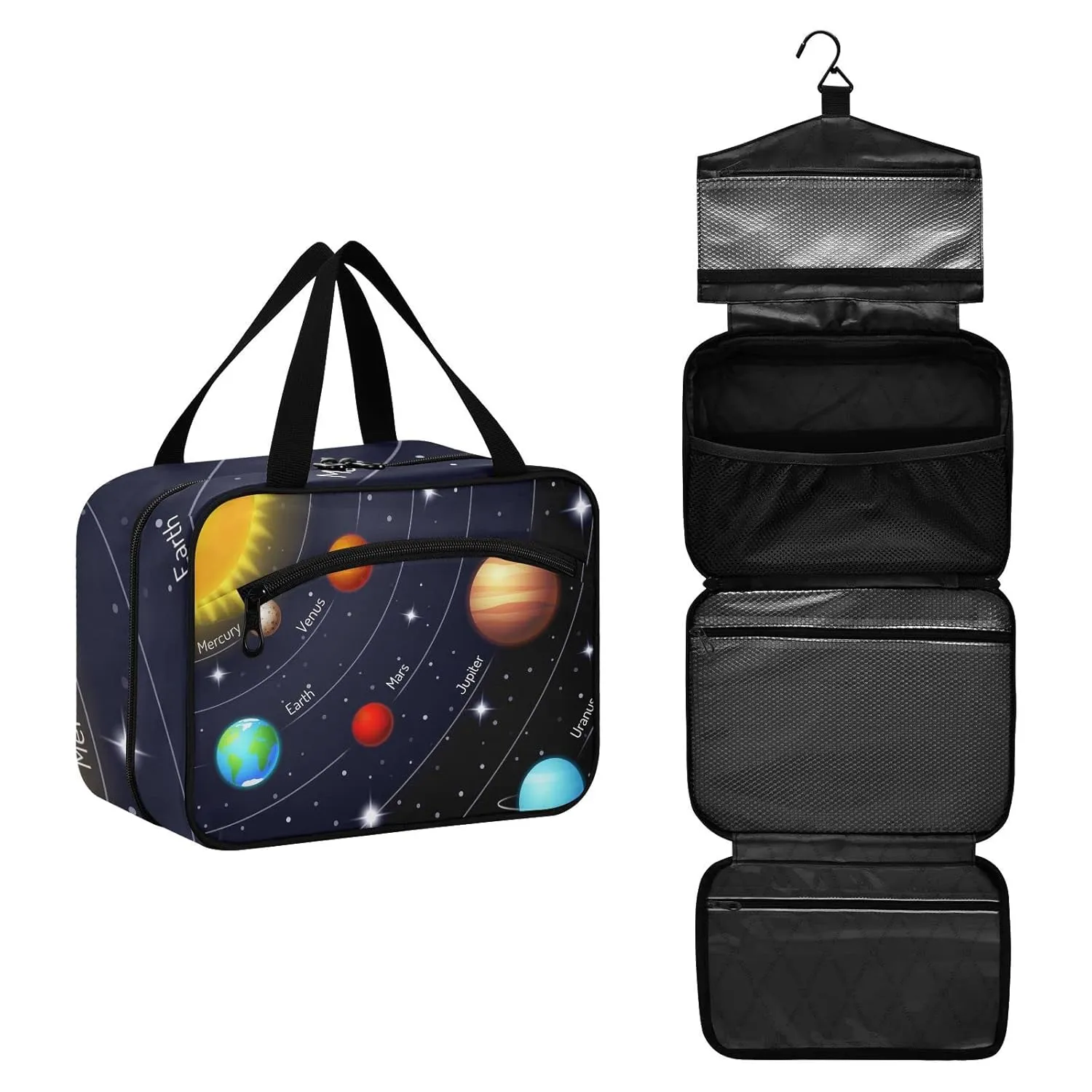 Solar System with the Sun Earth Mars Mercury Jupiter Saturn Uranus 1 PC Hanging Travel Wash bag with Handles, Portable Makeup Organizer Brush Storage Case Portable Travel Cosmetic with Hook M