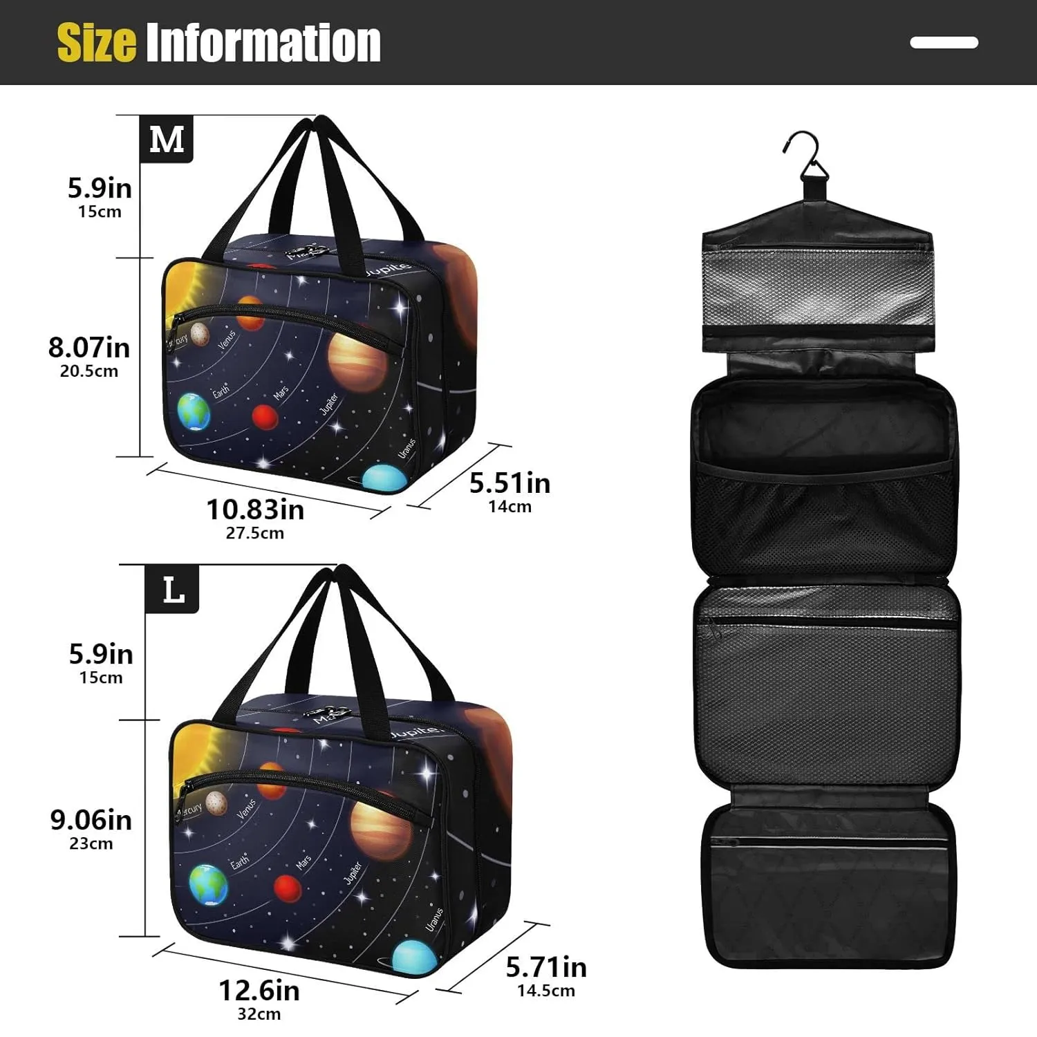 Solar System with the Sun Earth Mars Mercury Jupiter Saturn Uranus 1 PC Hanging Travel Wash bag with Handles, Portable Makeup Organizer Brush Storage Case Portable Travel Cosmetic with Hook M