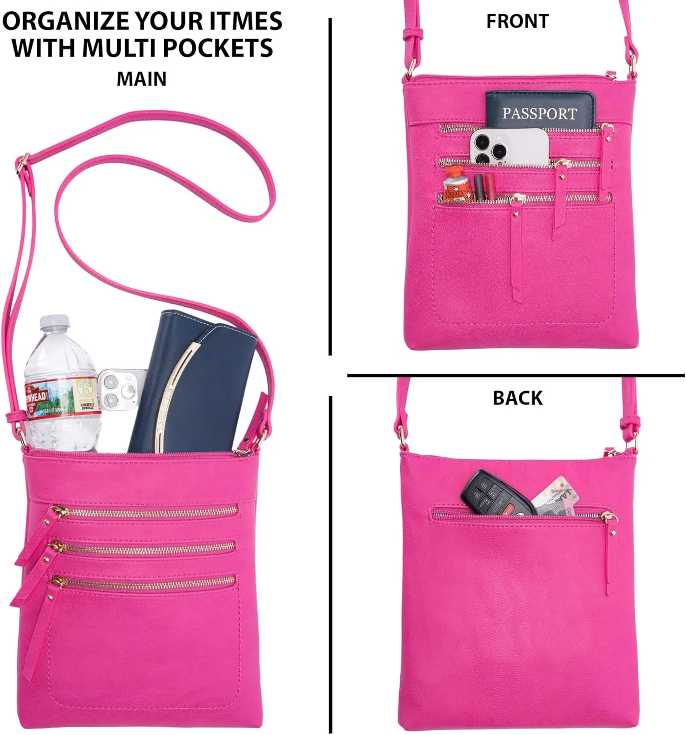 Solene Crossbody Bag Functional Multi Pocket Messenger Purse Top Zip Closure Shoulder Handbag With Adjustable Strap