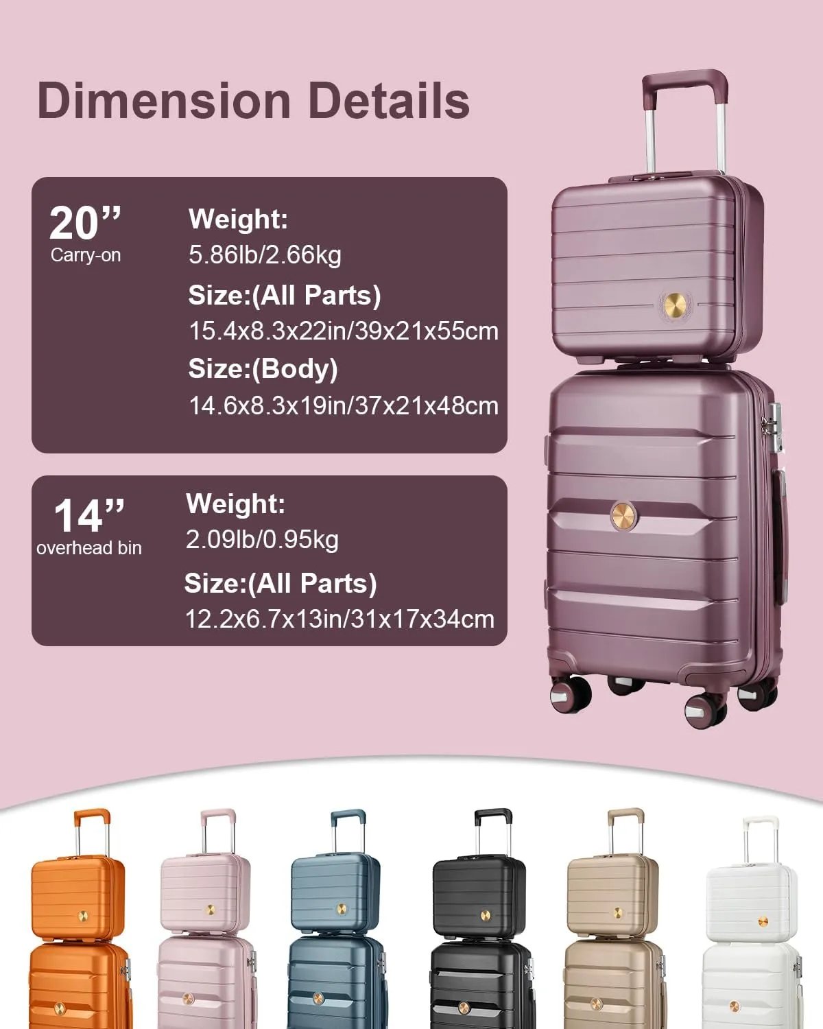 Somago 20 Inch Carry On Luggage Sets Hardside Suitcase with Double Spinner Wheels and TSA Lock YKK Zipper (Elegant Purple,14/20)