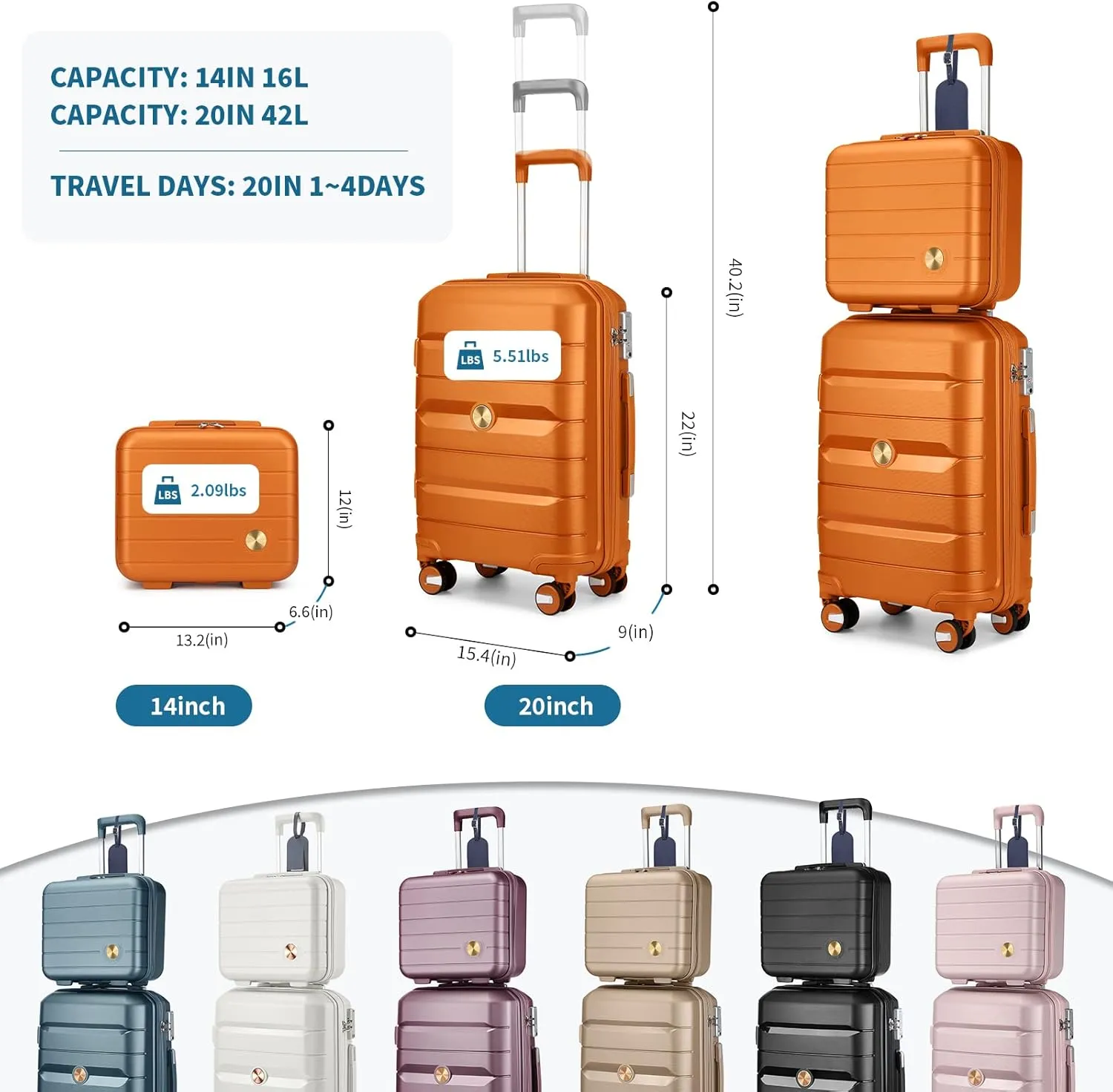 Somago 20-Inch Carry-On Suitcase with TSA Lock, Waterproof, Lightweight, Polypropylene, Sunset Orange, 5-Year Warranty