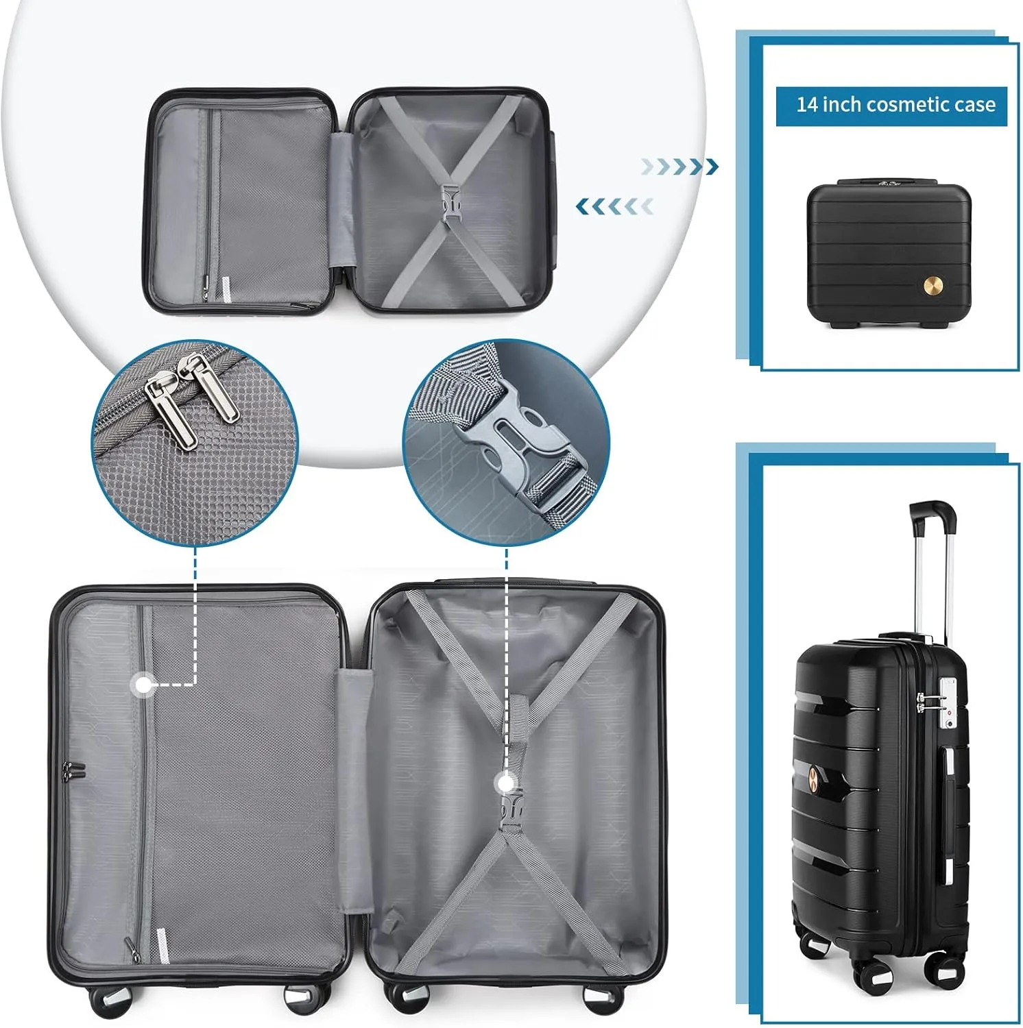 Somago 20" Carry On Luggage and 14" Mini Cosmetic Cases Travel Set Lightweight Polypropylene Suitcase with TSA Lock YKK Zipper Hardside Luggage with Spinner Wheels (2 Piece Set, Classic Black)