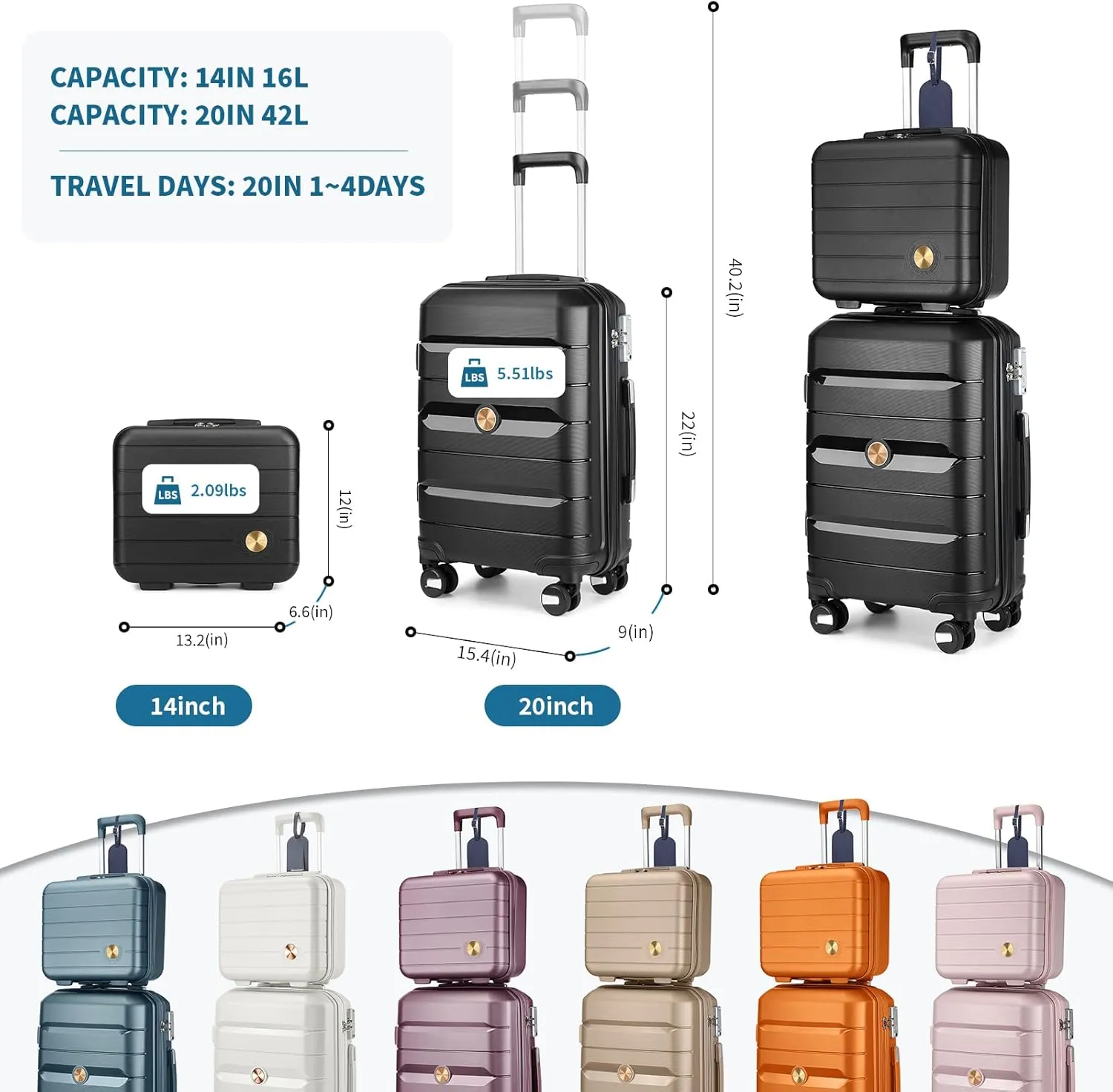 Somago 20" Carry On Luggage and 14" Mini Cosmetic Cases Travel Set Lightweight Polypropylene Suitcase with TSA Lock YKK Zipper Hardside Luggage with Spinner Wheels (2 Piece Set, Classic Black)