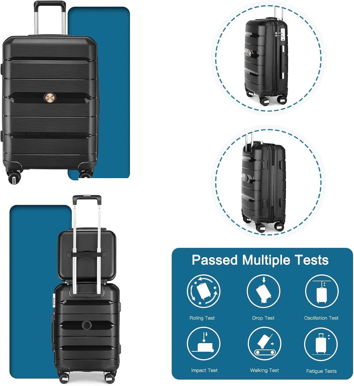 Somago 20" Carry On Luggage and 14" Mini Cosmetic Cases Travel Set Lightweight Polypropylene Suitcase with TSA Lock YKK Zipper Hardside Luggage with Spinner Wheels (2 Piece Set, Classic Black)
