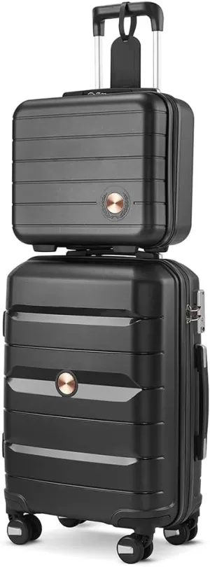 Somago 20" Carry On Luggage and 14" Mini Cosmetic Cases Travel Set Lightweight Polypropylene Suitcase with TSA Lock YKK Zipper Hardside Luggage with Spinner Wheels (2 Piece Set, Classic Black)