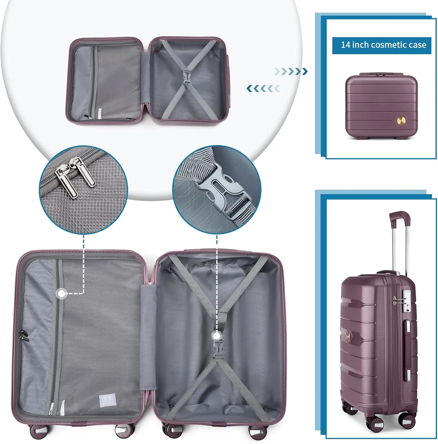 Somago 20" Carry On Luggage and 14" Mini Cosmetic Cases Travel Set Lightweight Polypropylene Suitcase with TSA Lock YKK Zipper Hardside Luggage with Spinner Wheels (2 Piece Set, Elegant Purple)