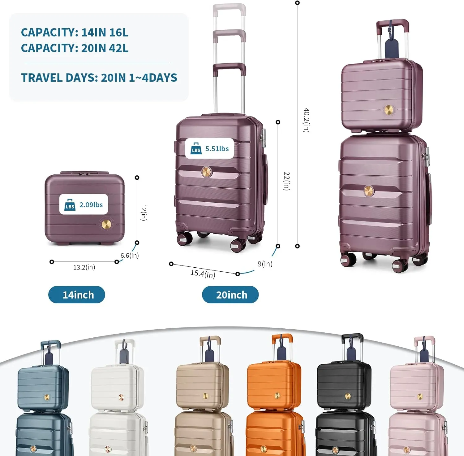 Somago 20" Carry On Luggage and 14" Mini Cosmetic Cases Travel Set Lightweight Polypropylene Suitcase with TSA Lock YKK Zipper Hardside Luggage with Spinner Wheels (2 Piece Set, Elegant Purple)