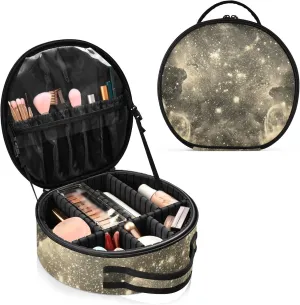 Space Galaxy Universe with Glare Stars Vintage Retro Old Style Women's Portable Round Makeup Bag with Handle, Cosmetic Bag, Adjustable Dividers, Travel Cosmetic Storage 11 x 3.5 x 10 inch