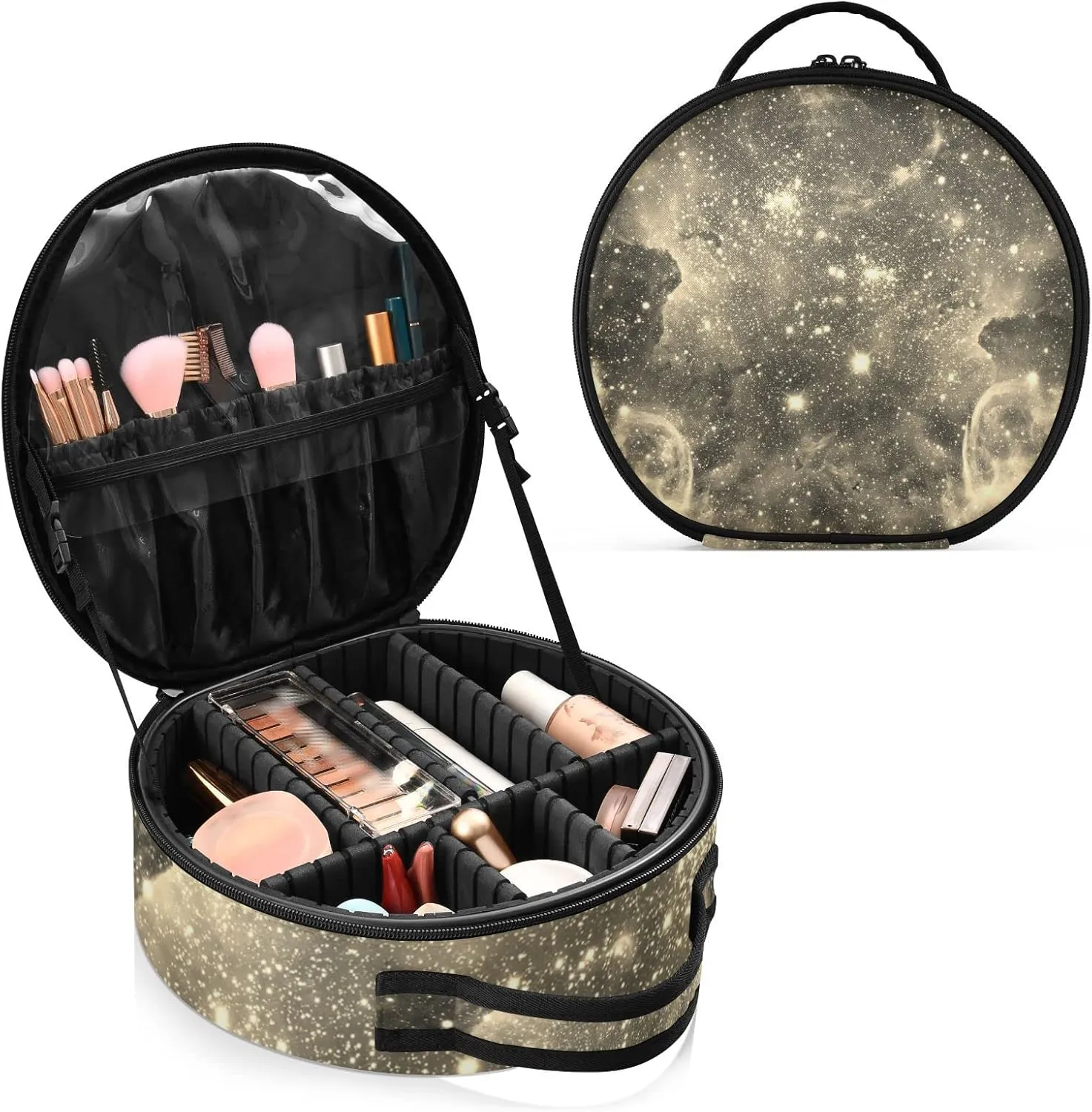 Space Galaxy Universe with Glare Stars Vintage Retro Old Style Women's Portable Round Makeup Bag with Handle, Cosmetic Bag, Adjustable Dividers, Travel Cosmetic Storage 11 x 3.5 x 10 inch