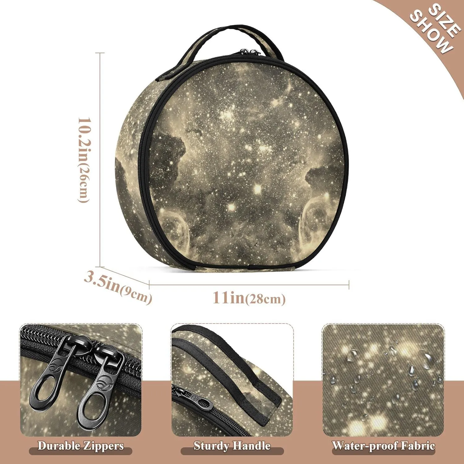 Space Galaxy Universe with Glare Stars Vintage Retro Old Style Women's Portable Round Makeup Bag with Handle, Cosmetic Bag, Adjustable Dividers, Travel Cosmetic Storage 11 x 3.5 x 10 inch