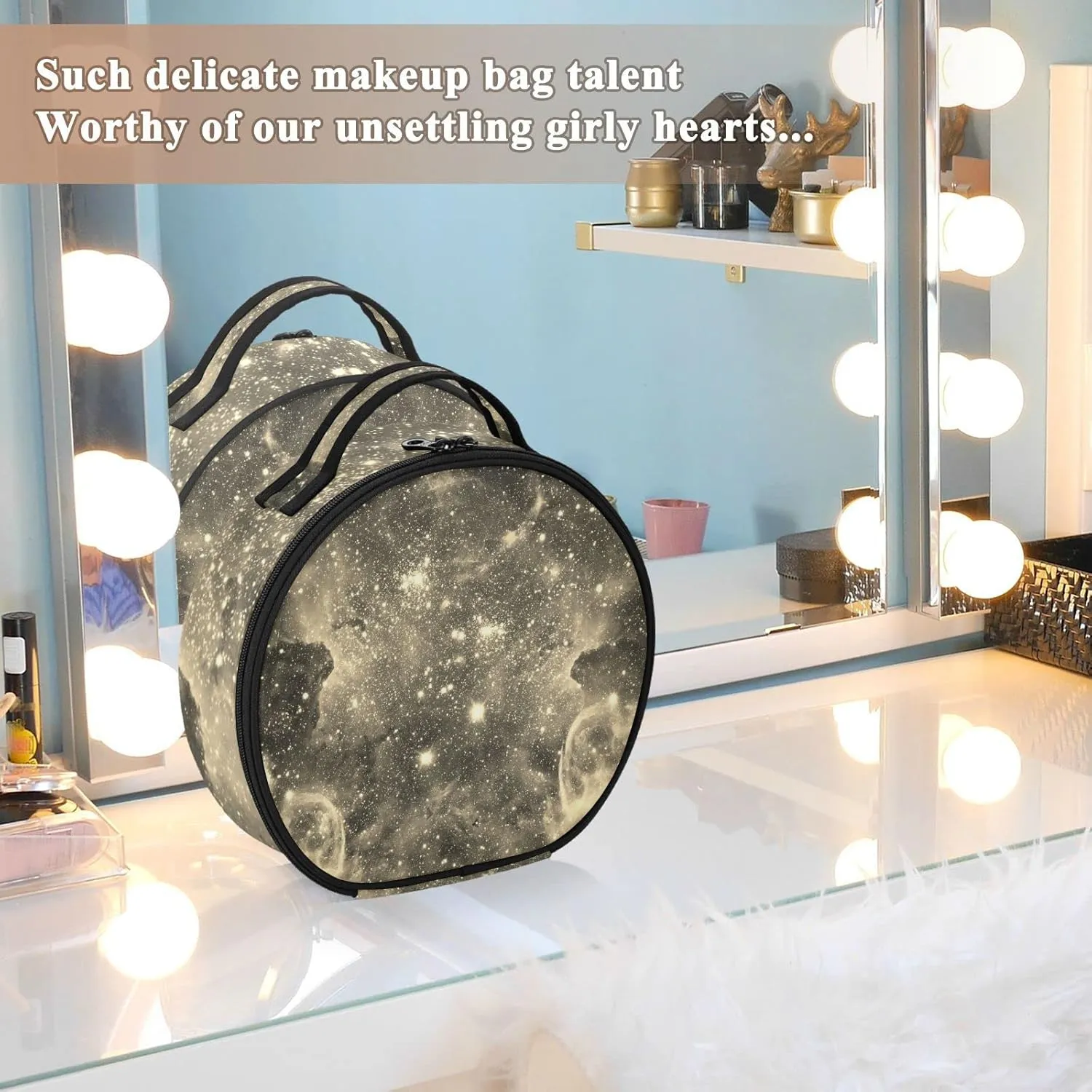 Space Galaxy Universe with Glare Stars Vintage Retro Old Style Women's Portable Round Makeup Bag with Handle, Cosmetic Bag, Adjustable Dividers, Travel Cosmetic Storage 11 x 3.5 x 10 inch