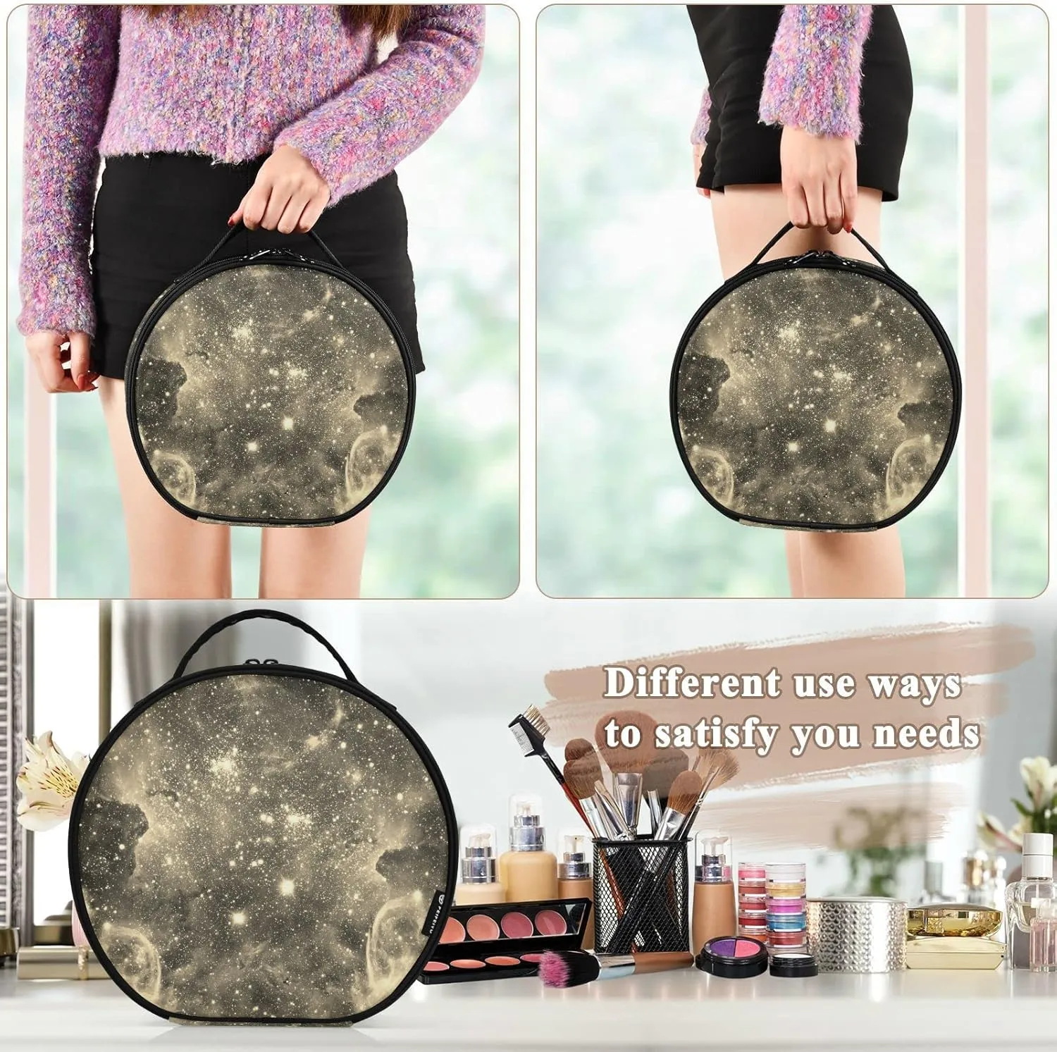 Space Galaxy Universe with Glare Stars Vintage Retro Old Style Women's Portable Round Makeup Bag with Handle, Cosmetic Bag, Adjustable Dividers, Travel Cosmetic Storage 11 x 3.5 x 10 inch