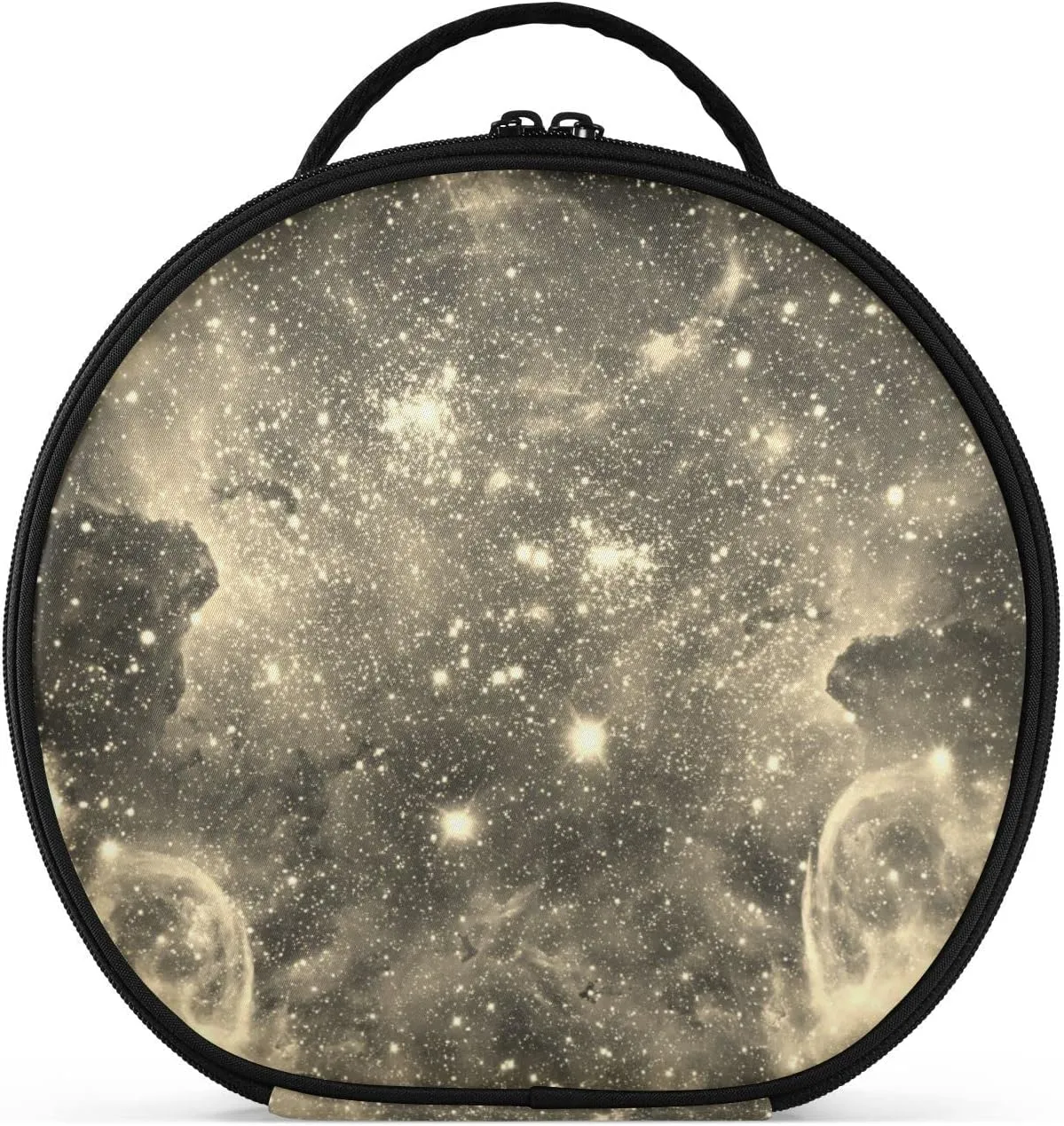 Space Galaxy Universe with Glare Stars Vintage Retro Old Style Women's Portable Round Makeup Bag with Handle, Cosmetic Bag, Adjustable Dividers, Travel Cosmetic Storage 11 x 3.5 x 10 inch