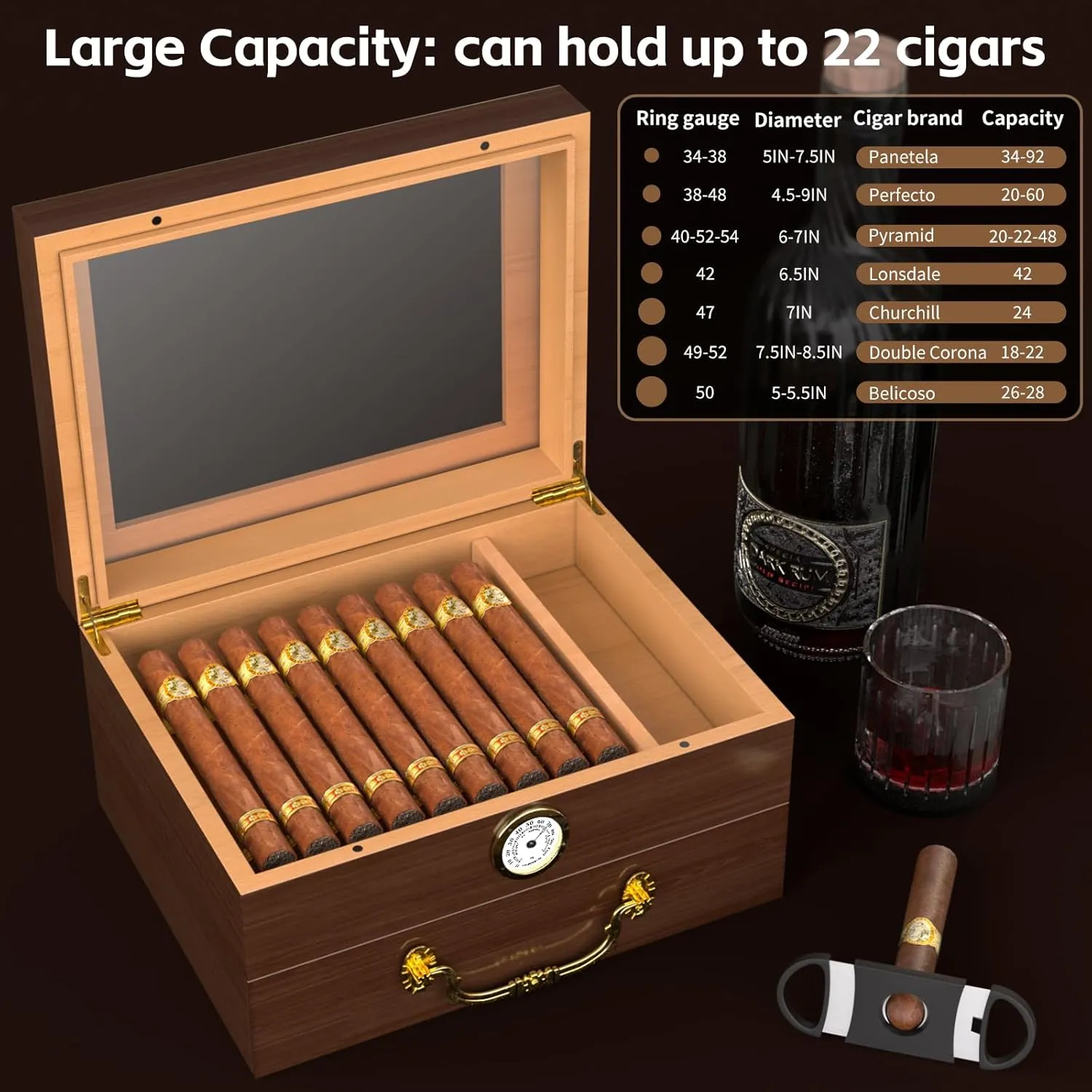 Spanish Cedar Cigar Humidor Box with Accessories and Humidifier - Glass Cover and Storage Drawer - Desktop Cigar Holder for Men - Portable Travel Case - Small Table Top Humidors for 20-50 Cigars