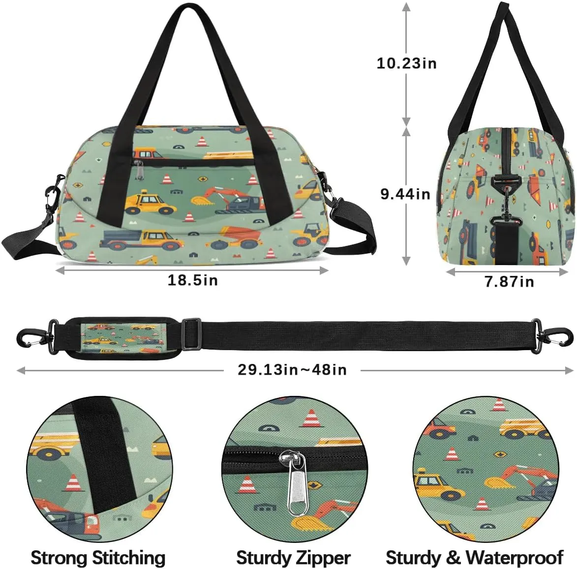 Sport Duffel Bag Cars Excavators Kids Gym Bag Weekender Overnight Bags for Boys Girls Teens Carry On Workout Travel Bag