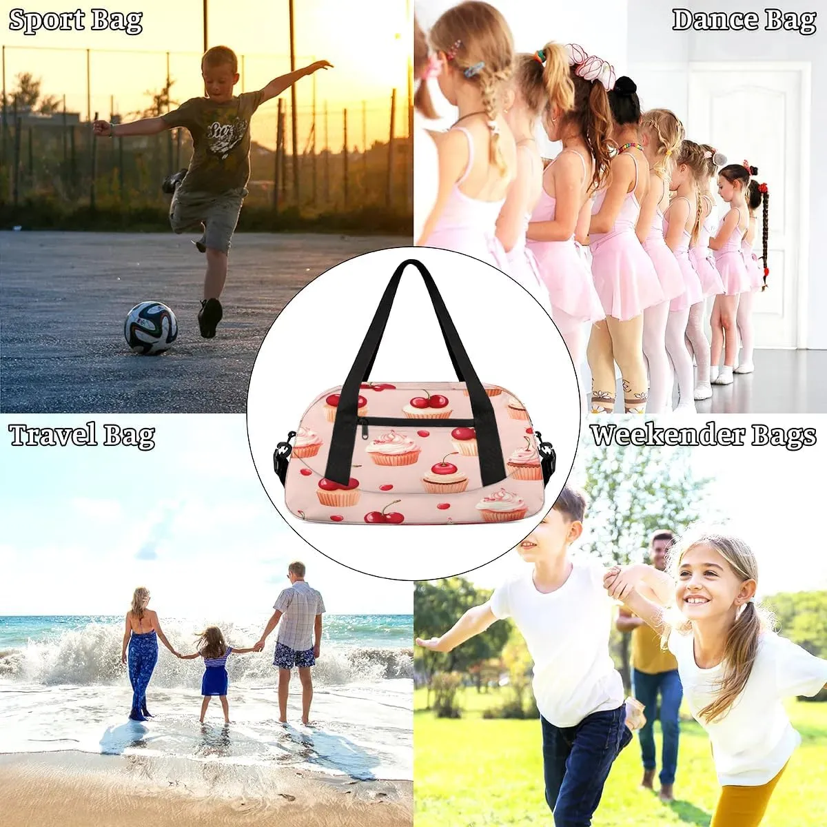 Sport Duffel Bag Cherry Cake Kids Gym Bag Weekender Overnight Bags for Boys Girls Teens Carry On Workout Travel Bag