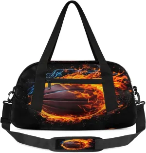 Sport Duffel Bag Fire Basketball Kids Gym Bag Weekender Overnight Bags for Boys Girls Teens Carry On Workout Travel Bag