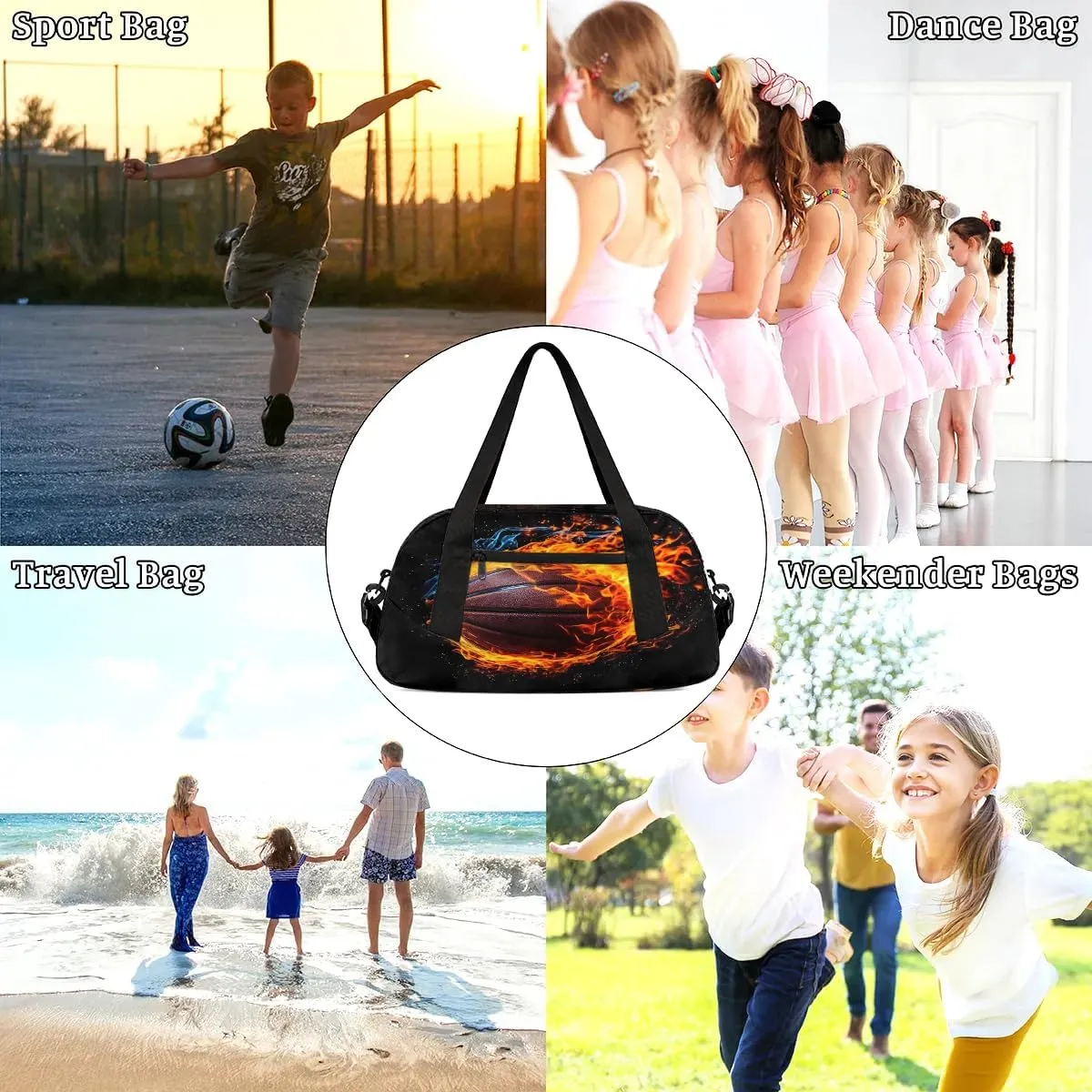 Sport Duffel Bag Fire Basketball Kids Gym Bag Weekender Overnight Bags for Boys Girls Teens Carry On Workout Travel Bag