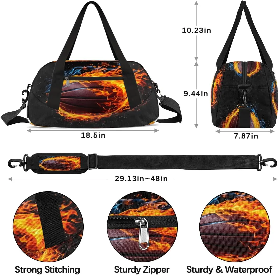 Sport Duffel Bag Fire Basketball Kids Gym Bag Weekender Overnight Bags for Boys Girls Teens Carry On Workout Travel Bag
