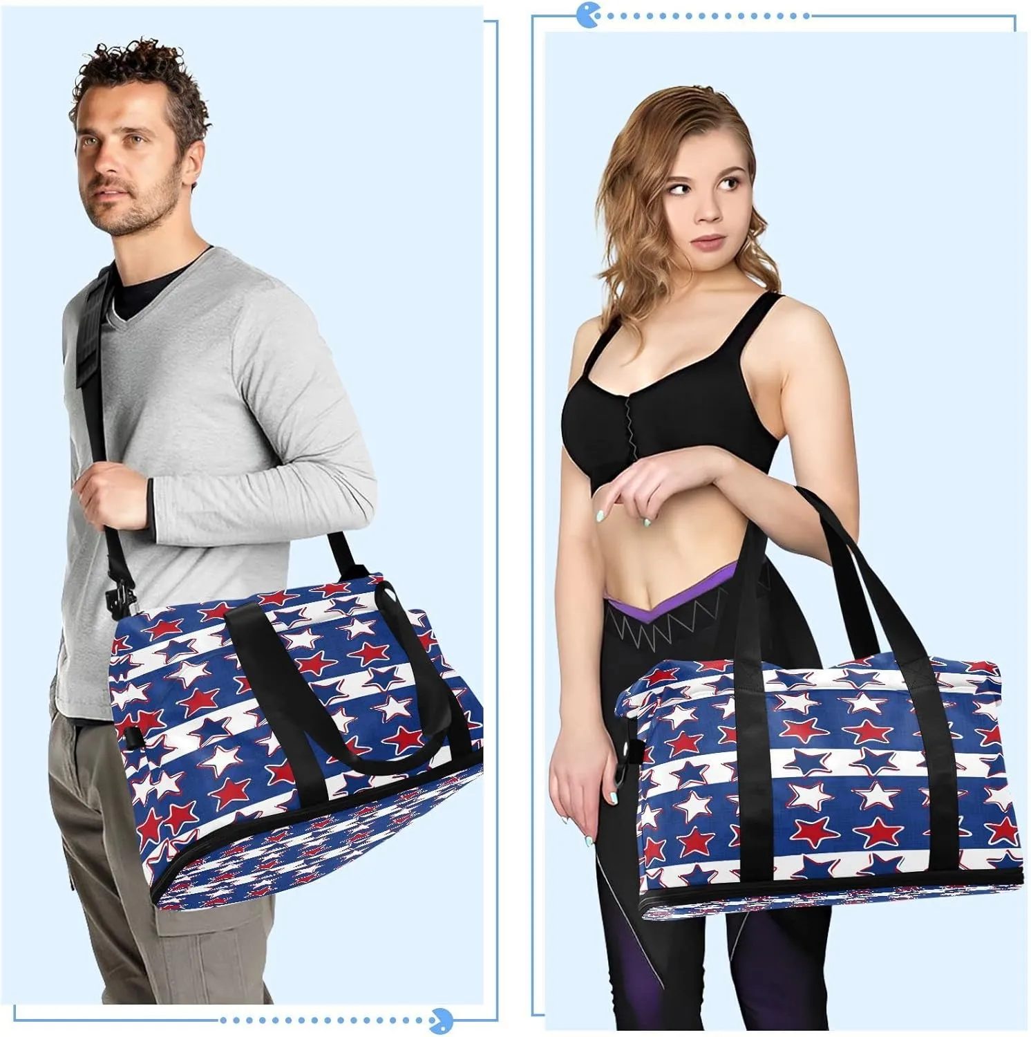Sport Tote Bag for Women,Gym Bag Usa Flag 4th July Duffle Bag with Shoe Compartment and Wet Pocket,Ladies Beach Bag Overnight Bag,Weekender Bag Carry on Bag for Airplane