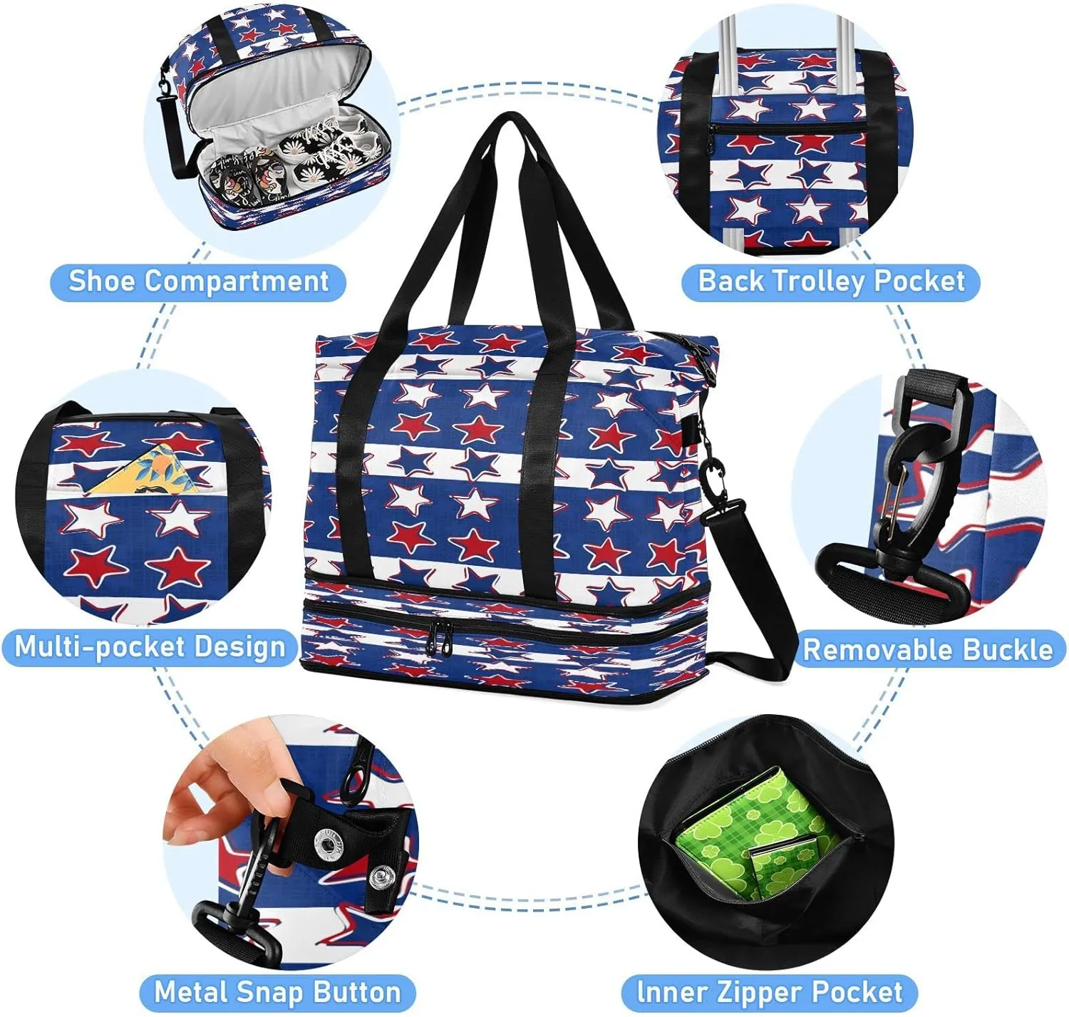 Sport Tote Bag for Women,Gym Bag Usa Flag 4th July Duffle Bag with Shoe Compartment and Wet Pocket,Ladies Beach Bag Overnight Bag,Weekender Bag Carry on Bag for Airplane