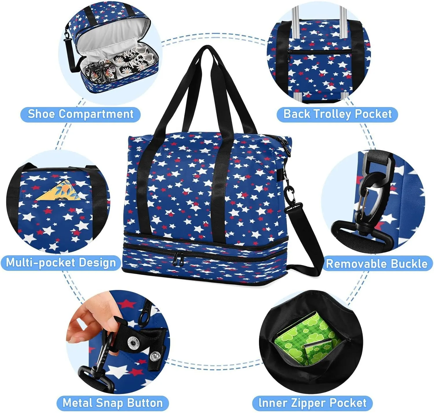 Sport Travel Duffle Bag Large Gym Tote Bag for Women,Independence Day Weekender Bag with Shoe Compartment,Ladies Beach Bag Overnight Bag Luggage Bag with Wet Bag