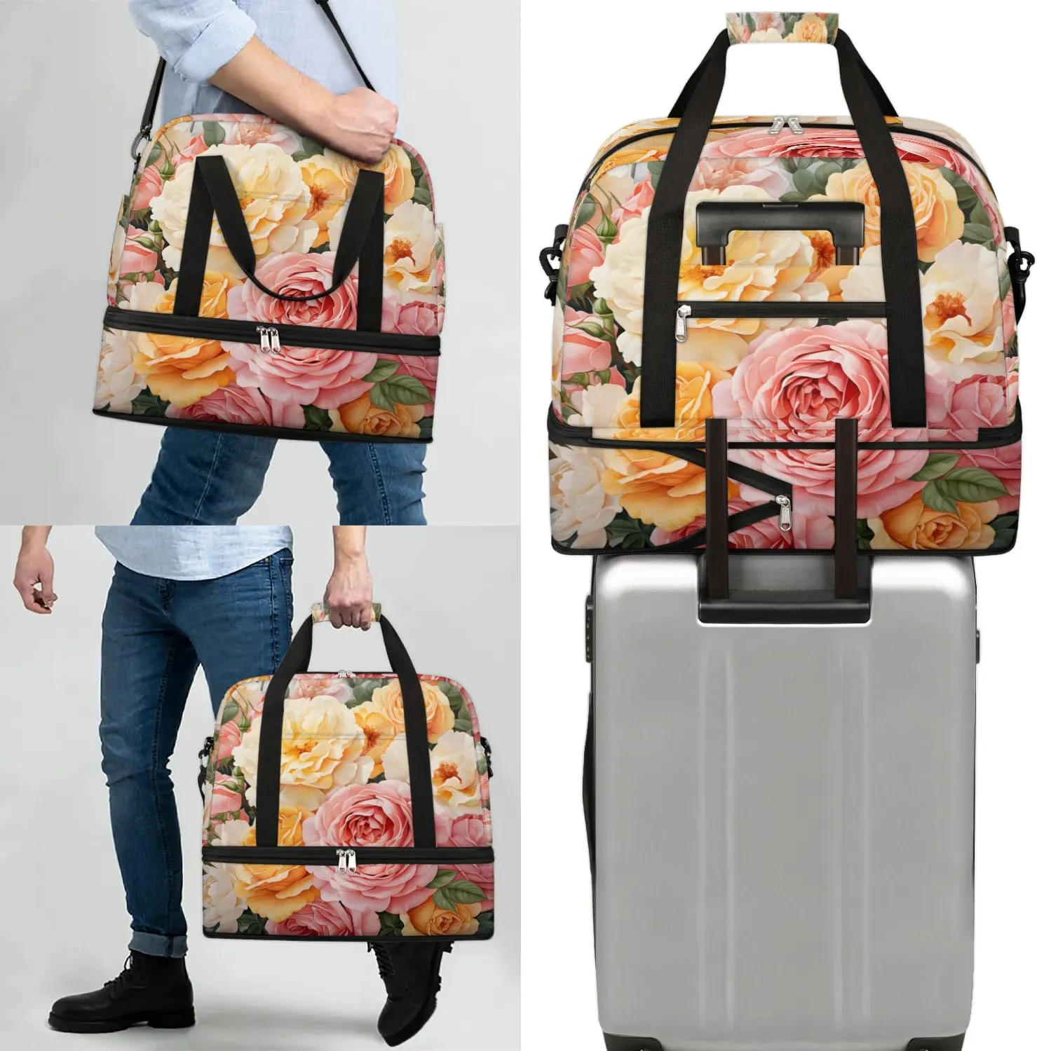 Sports Duffel Bag, Foldable Summer Rose Travel Duffel Bag, Gym Yoga Beach Bag Weekender Overnight Bag with Shoes Compartment for Men Women, Watercolor Flower