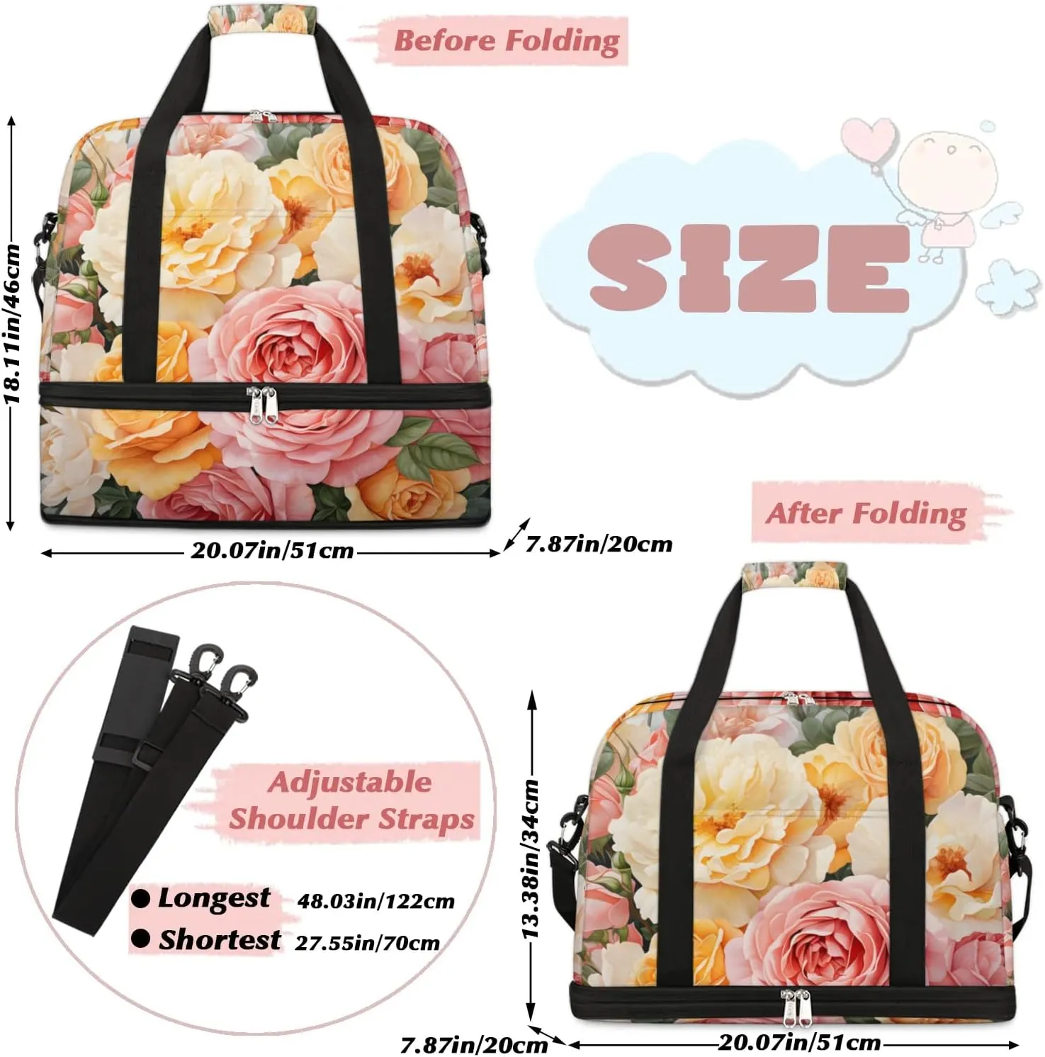 Sports Duffel Bag, Foldable Summer Rose Travel Duffel Bag, Gym Yoga Beach Bag Weekender Overnight Bag with Shoes Compartment for Men Women, Watercolor Flower