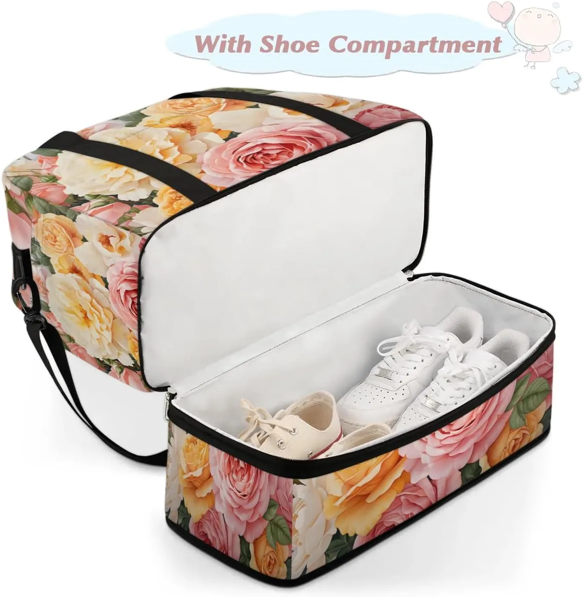 Sports Duffel Bag, Foldable Summer Rose Travel Duffel Bag, Gym Yoga Beach Bag Weekender Overnight Bag with Shoes Compartment for Men Women, Watercolor Flower