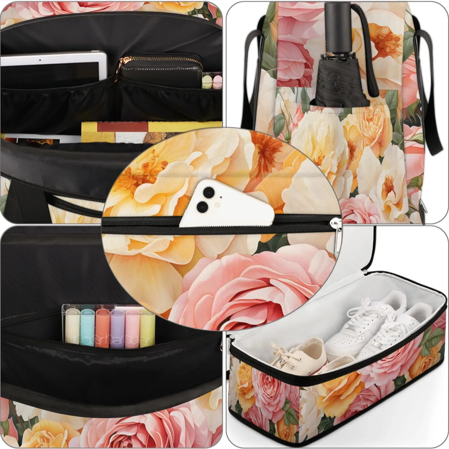 Sports Duffel Bag, Foldable Summer Rose Travel Duffel Bag, Gym Yoga Beach Bag Weekender Overnight Bag with Shoes Compartment for Men Women, Watercolor Flower