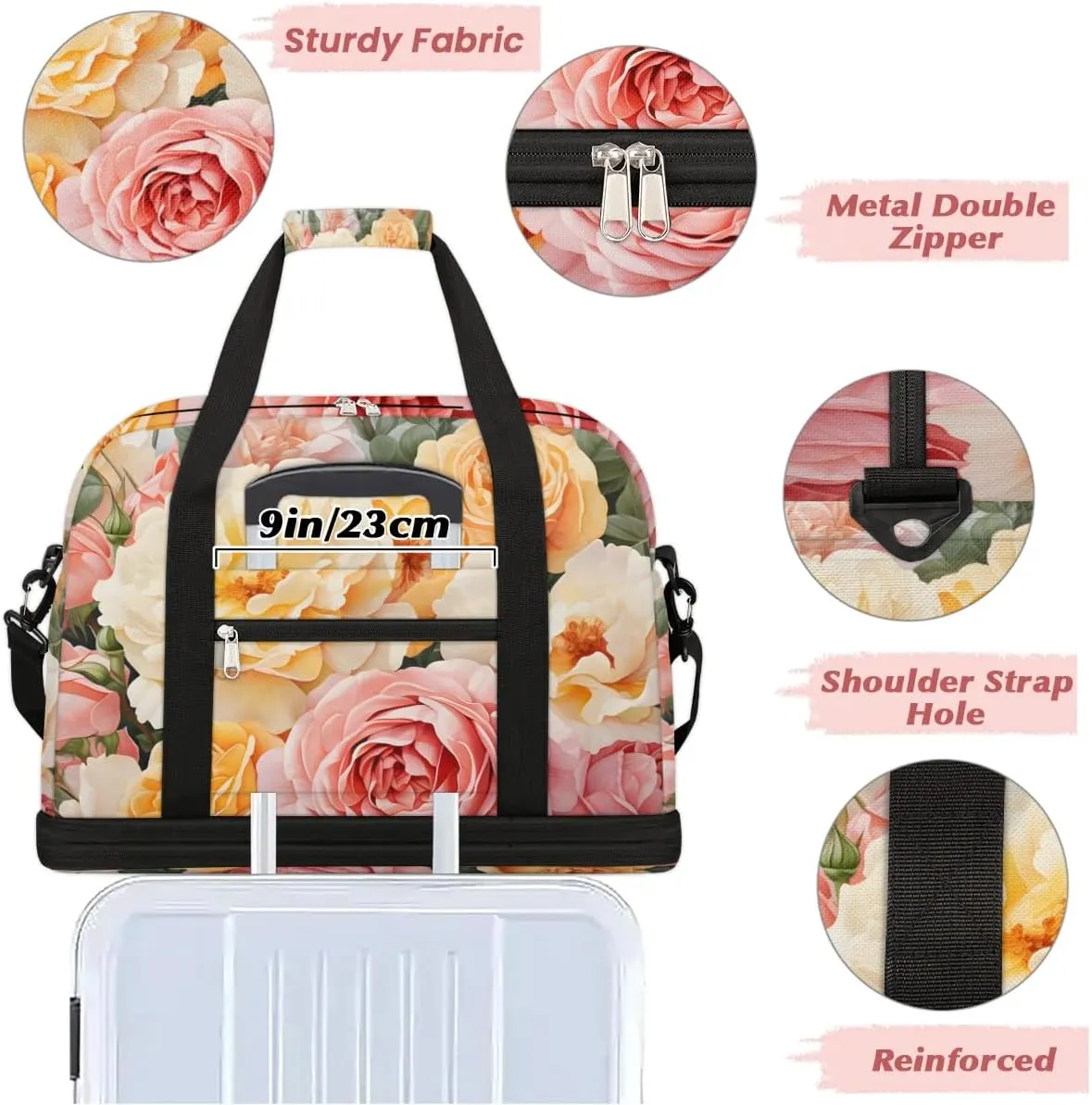 Sports Duffel Bag, Foldable Summer Rose Travel Duffel Bag, Gym Yoga Beach Bag Weekender Overnight Bag with Shoes Compartment for Men Women, Watercolor Flower