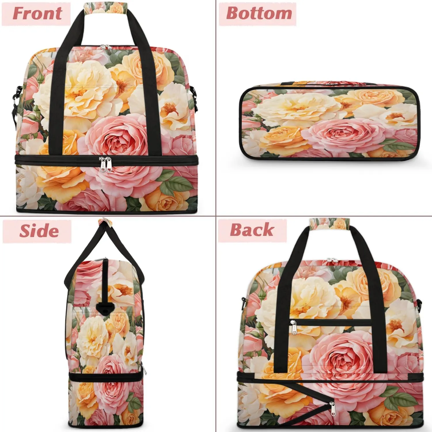 Sports Duffel Bag, Foldable Summer Rose Travel Duffel Bag, Gym Yoga Beach Bag Weekender Overnight Bag with Shoes Compartment for Men Women, Watercolor Flower