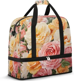 Sports Duffel Bag, Foldable Summer Rose Travel Duffel Bag, Gym Yoga Beach Bag Weekender Overnight Bag with Shoes Compartment for Men Women, Watercolor Flower