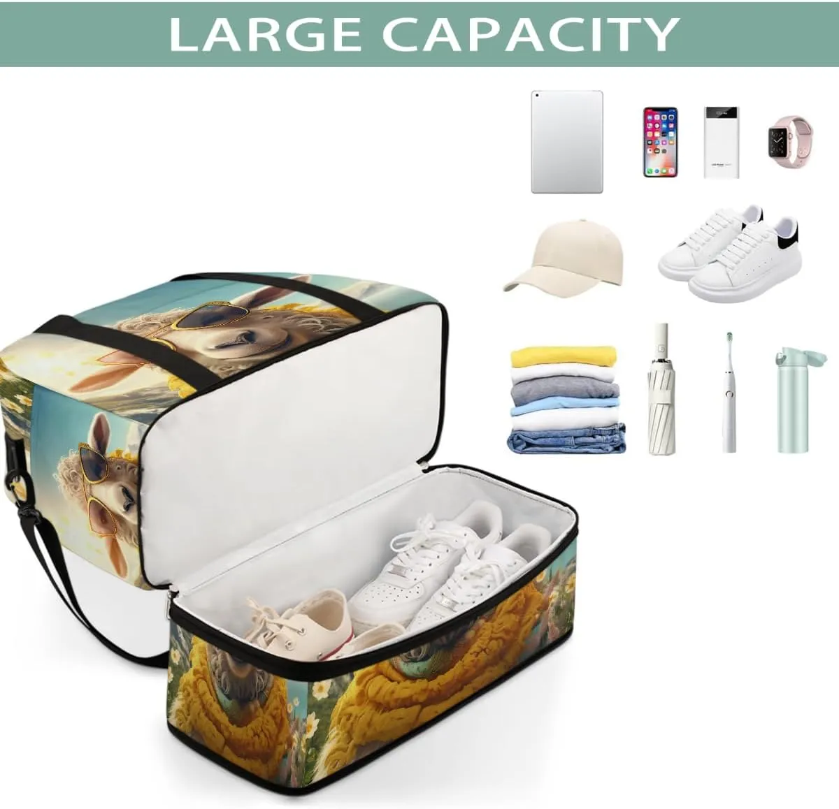 Sports Gym Bag Animal Sheep Sun Large Travel Duffel Bag With Shoe Compartment Foldable Waterproof Carry-On Weekend Travel Bags for Camping Overnight Yoga Hospital Travel Bags