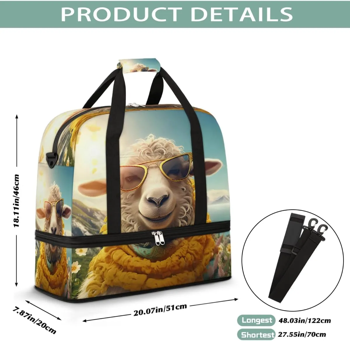 Sports Gym Bag Animal Sheep Sun Large Travel Duffel Bag With Shoe Compartment Foldable Waterproof Carry-On Weekend Travel Bags for Camping Overnight Yoga Hospital Travel Bags