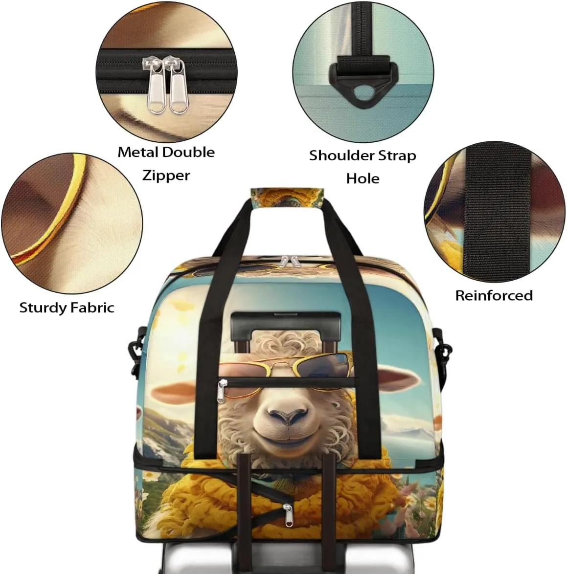 Sports Gym Bag Animal Sheep Sun Large Travel Duffel Bag With Shoe Compartment Foldable Waterproof Carry-On Weekend Travel Bags for Camping Overnight Yoga Hospital Travel Bags