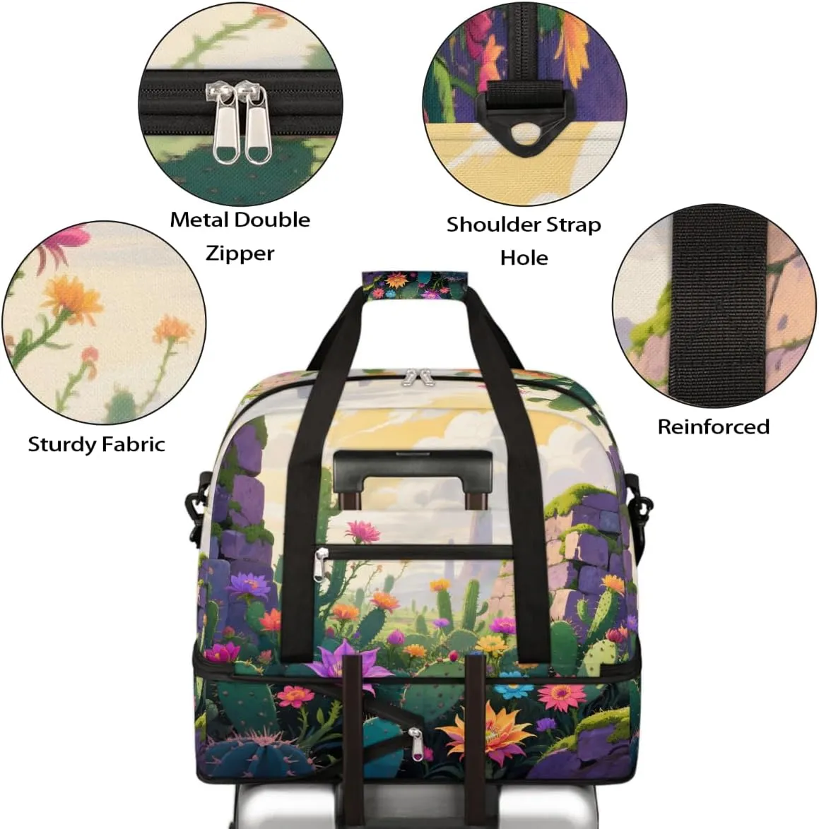 Sports Gym Bag Cactus Illustration Flower Large Travel Duffel Bag With Shoe Compartment Foldable Waterproof Carry-On Weekend Travel Bags for Camping Overnight Yoga Hospital Travel Bags
