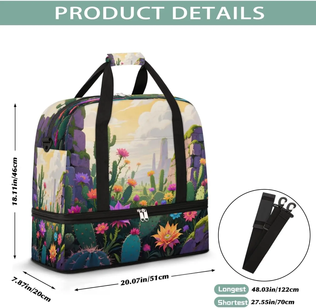 Sports Gym Bag Cactus Illustration Flower Large Travel Duffel Bag With Shoe Compartment Foldable Waterproof Carry-On Weekend Travel Bags for Camping Overnight Yoga Hospital Travel Bags