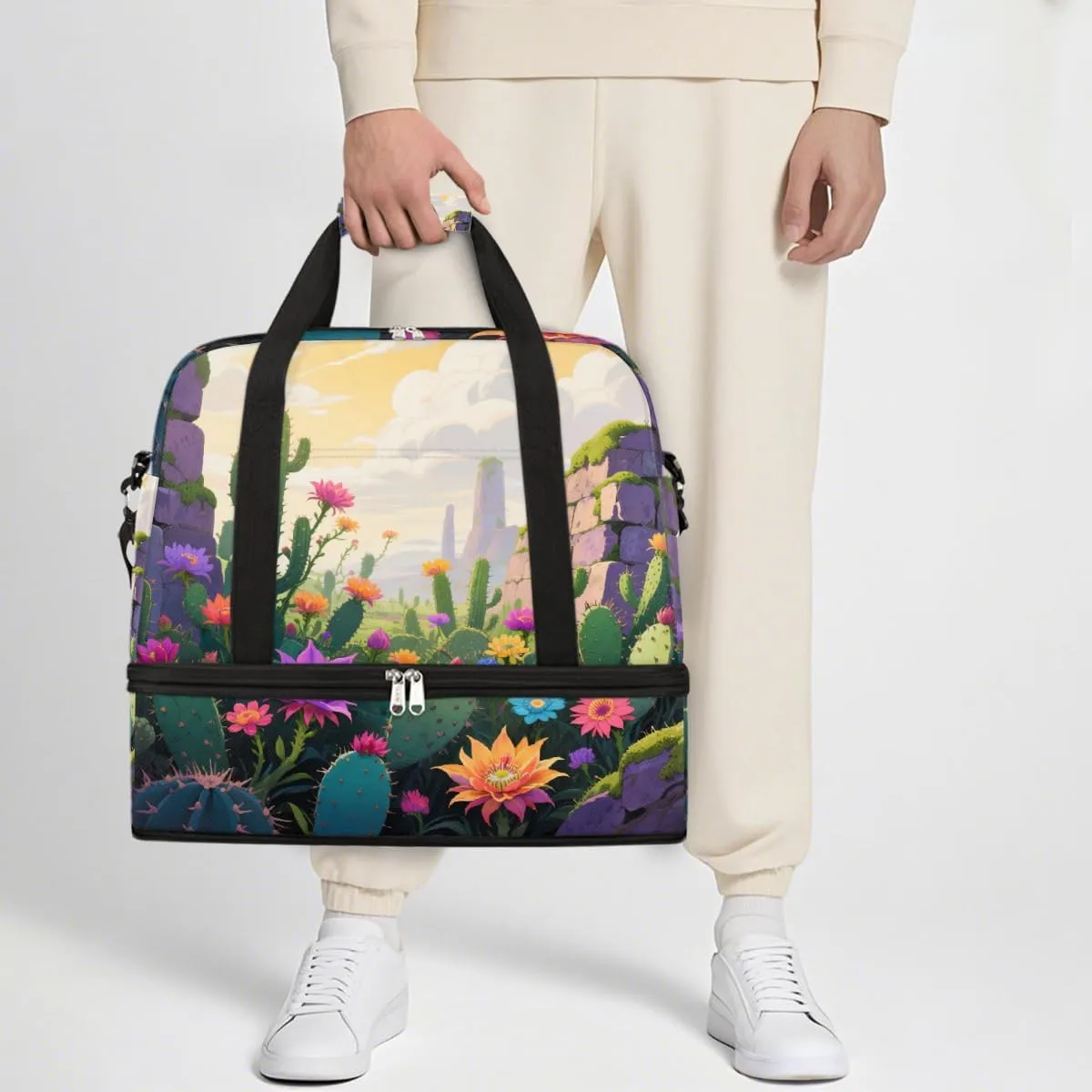 Sports Gym Bag Cactus Illustration Flower Large Travel Duffel Bag With Shoe Compartment Foldable Waterproof Carry-On Weekend Travel Bags for Camping Overnight Yoga Hospital Travel Bags