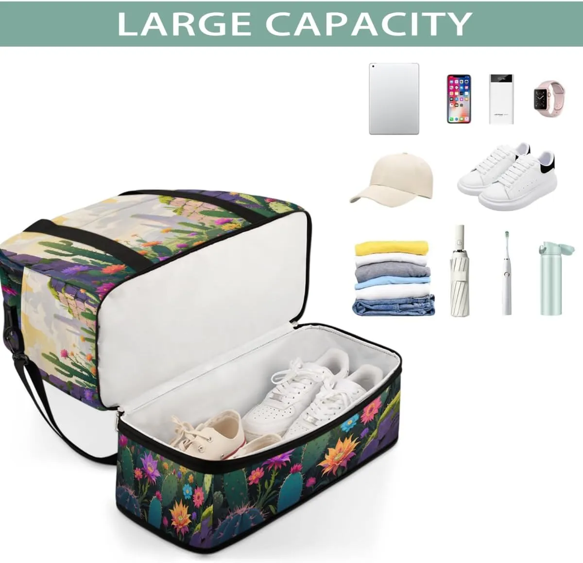 Sports Gym Bag Cactus Illustration Flower Large Travel Duffel Bag With Shoe Compartment Foldable Waterproof Carry-On Weekend Travel Bags for Camping Overnight Yoga Hospital Travel Bags