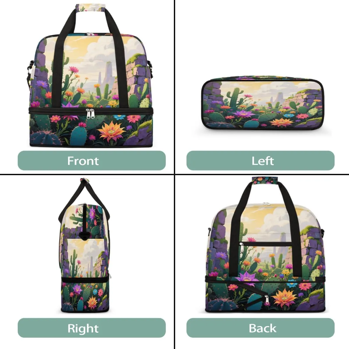 Sports Gym Bag Cactus Illustration Flower Large Travel Duffel Bag With Shoe Compartment Foldable Waterproof Carry-On Weekend Travel Bags for Camping Overnight Yoga Hospital Travel Bags