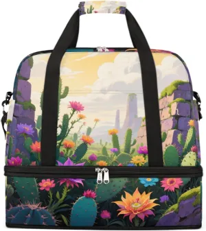 Sports Gym Bag Cactus Illustration Flower Large Travel Duffel Bag With Shoe Compartment Foldable Waterproof Carry-On Weekend Travel Bags for Camping Overnight Yoga Hospital Travel Bags